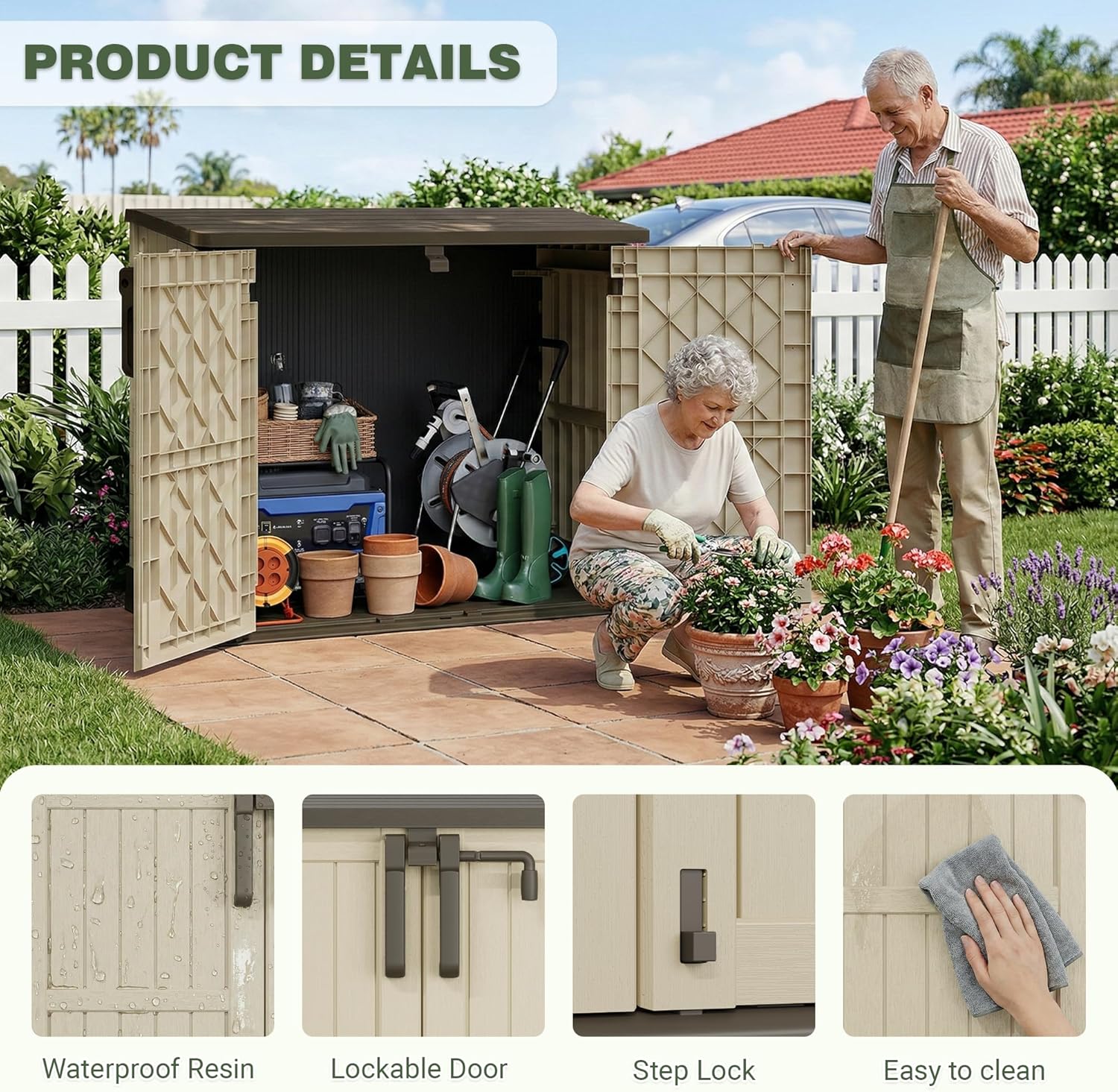 LHBcraft Waterproof Outdoor Storage Box 36 Cu Ft with Lockable Doors, Portable Horizontal Resin Storage Shed, Easy to Assemble, Outdoor Storage Cabinet for Backyards, Brown-Beige