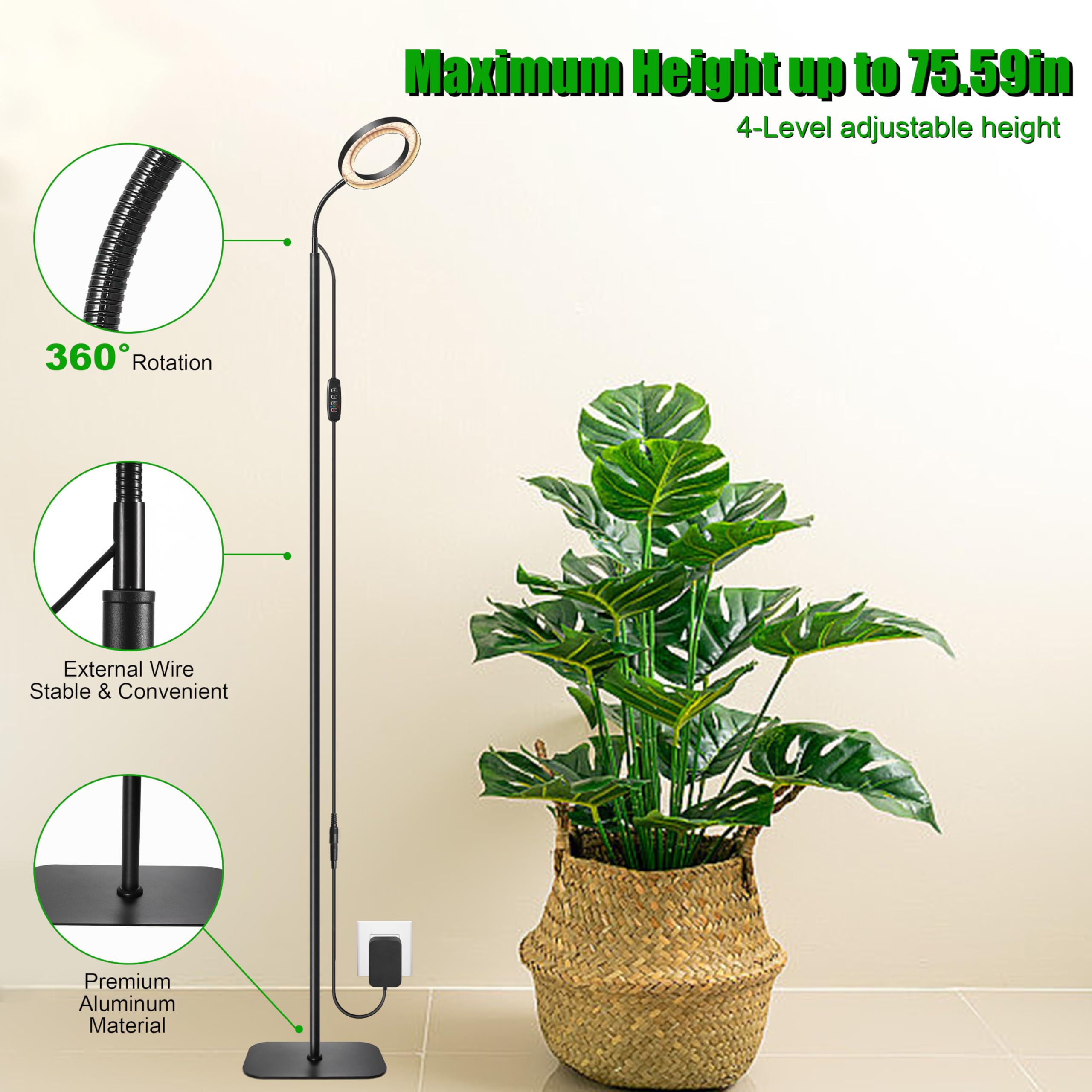 Hywyimlait 96 LED 3000 K Planta de espectro completo con soporte, luz de crecimiento con temporizador automático 3/9/12H, manguera flexible de 360°, altura regulable de 40 a 160 cm para plantas de