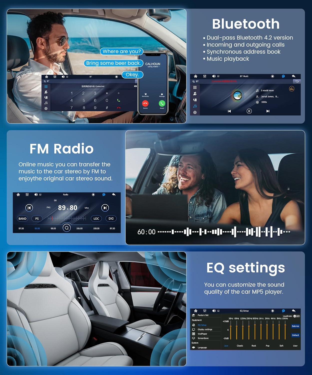 Screenshots showing Bluetooth call interface, FM radio tuner, and EQ settings on the Rimoody Autoradio.
