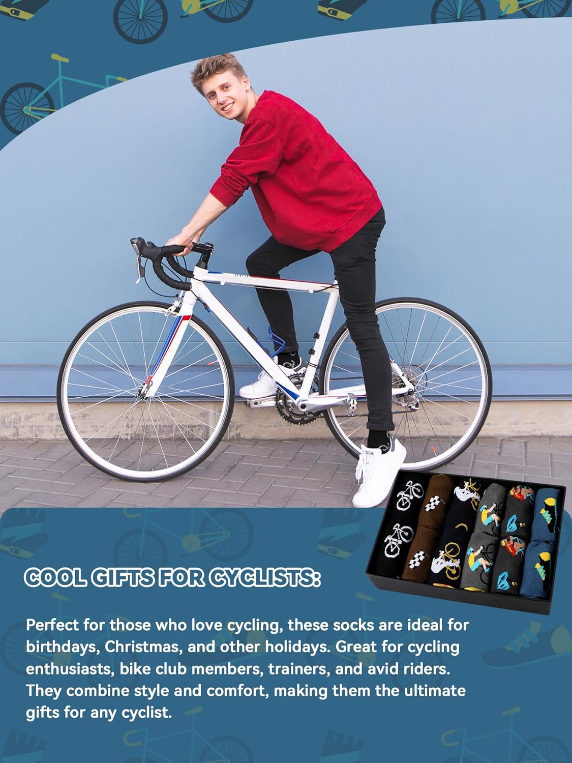 Eurzom 6 Pairs Funny Bike Socks for Men Novelty Cycling Cotton Casual Socks Birthday Holiday Gift for Outdoor Biking Lover - Image 6