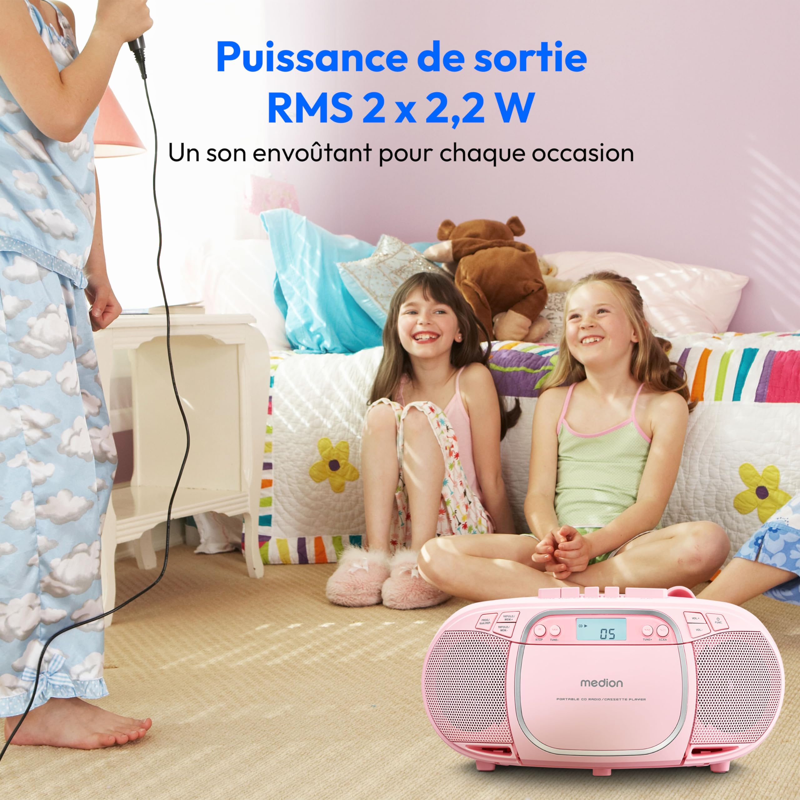 MEDION E66476 Stereo Sound System (Boombox, Lecteur CD, MP3, Cassette, Lecteur de Cassette Portable pour Enfants, Radio FM, AUX, écouteurs, Secteur & Batterie) Rose