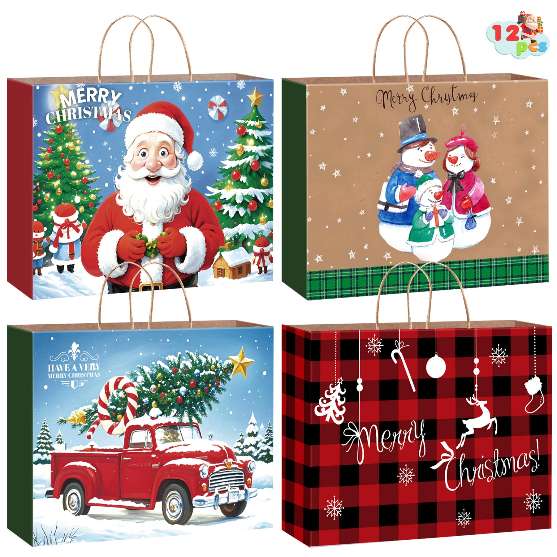 Bszatan Lot de 12 sacs fourre-tout extra larges en papier kraft avec poignée pour cadeaux de Noël, vacances, Nouvel An, 50,8 x 38,1 x 17,8 cm