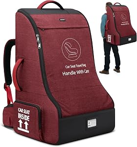 RAINSMORE Car Seat Travel Bag for Airplane Large Baby Car Seat Bags Backpack for Air Padded Travel Car Seat Cover for Airplane Travel Car Seats Carrier for Airport, Red