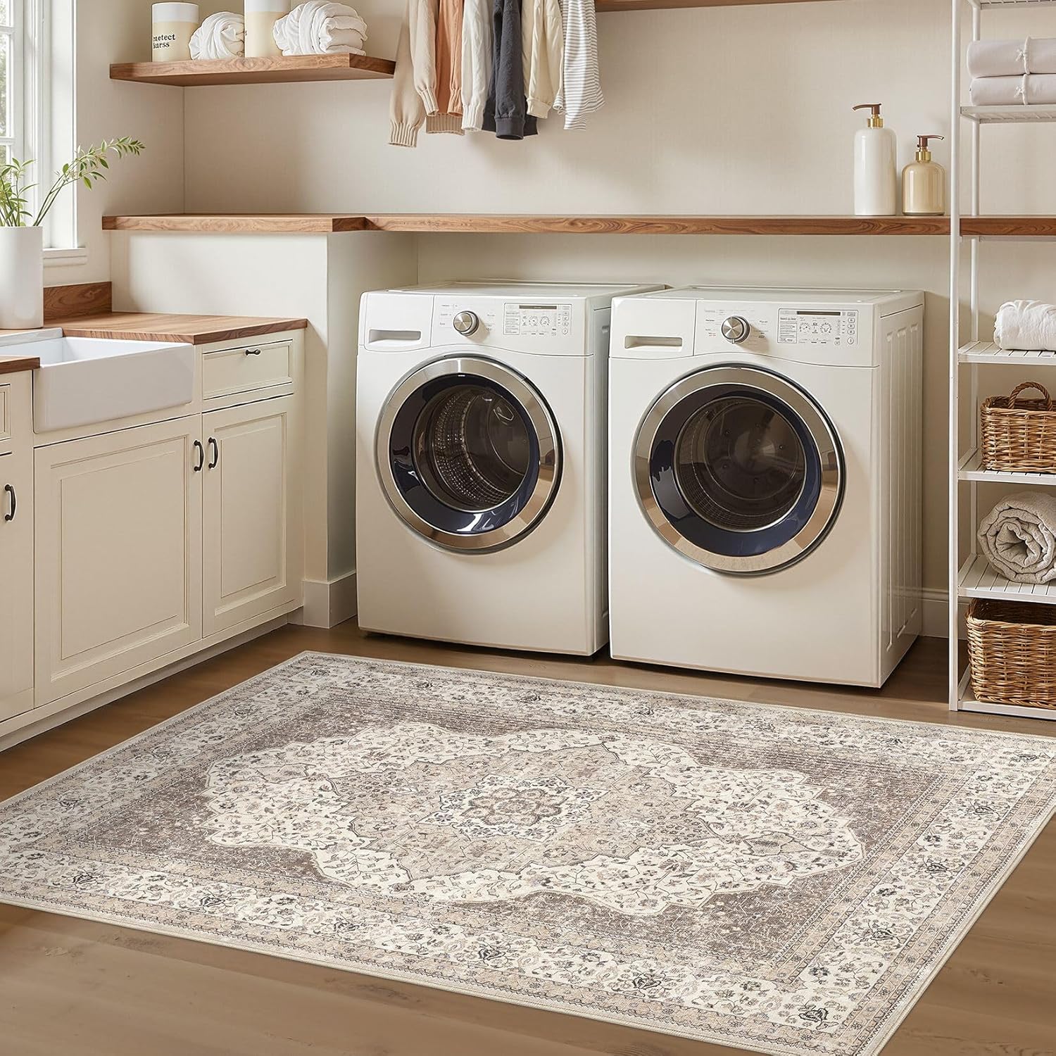3x5 Washable Entryway Rug: Non-Slip Soft Indoor Throw Area Rug for Living Room Bedroom Kitchen, Boho Floral Distressed Durable Carpet for Hallway Bathroom Laundry Home Decor (Brown/Beige)