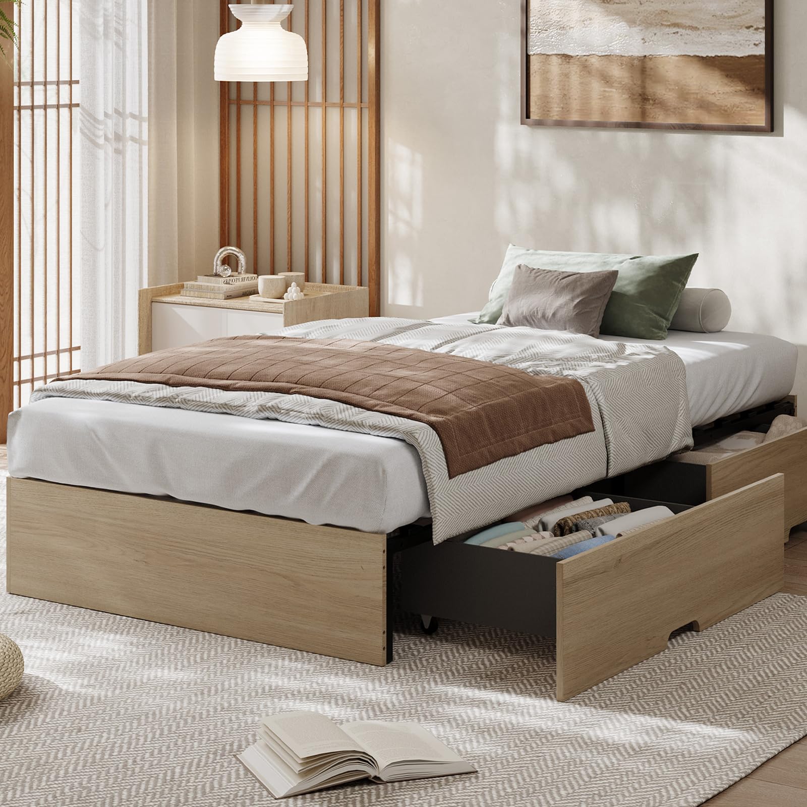GarveeHome Wood Platform Bed Frame, Twin Bed Frame with 2 Drawers