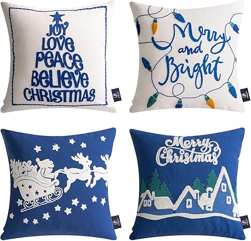 Phantoscope Juego de 4 fundas de almohada decorativas de lona de algodón con letras bordadas, Papá Noel, alce, funda de cojín para sofá de Navidad,