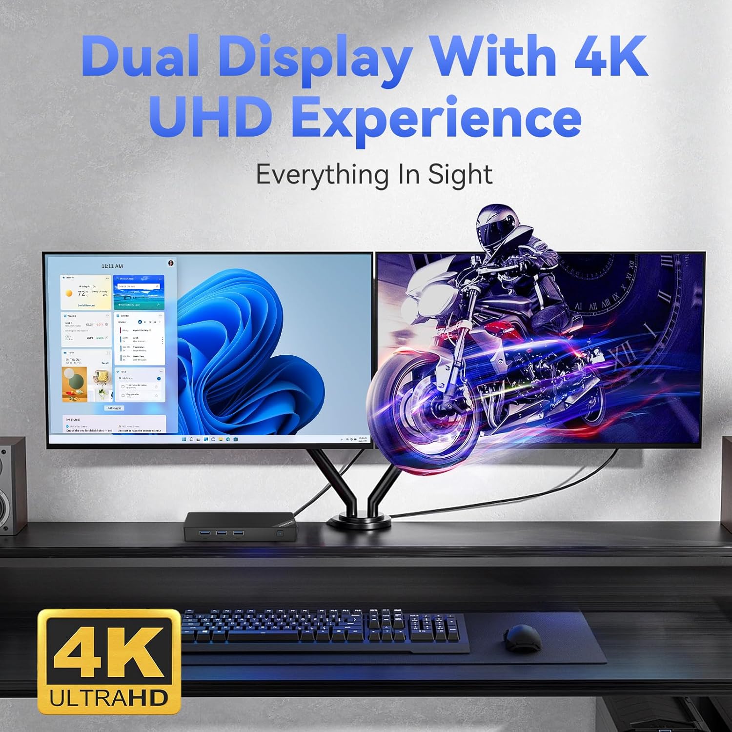 A desk setup showing the MOREFINE Mini PC connected to two 4K UHD monitors, displaying different content.