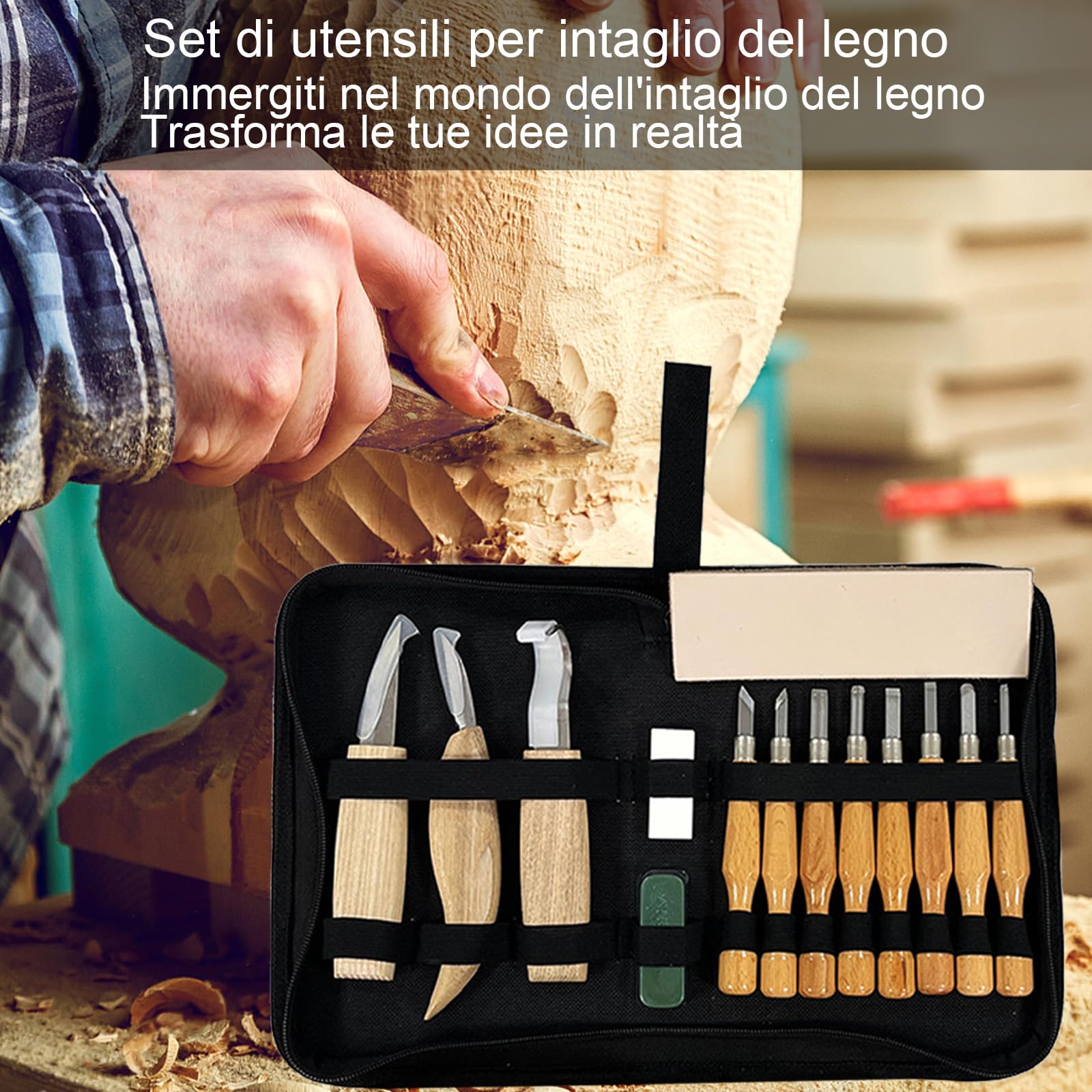 Strumenti Per Intaglio Del Legno - 21PCS Kit Intaglio Legno Professionale, Portare pietra pomice, cera, carta vetrata e guanti, Adatto a principianti e professionisti