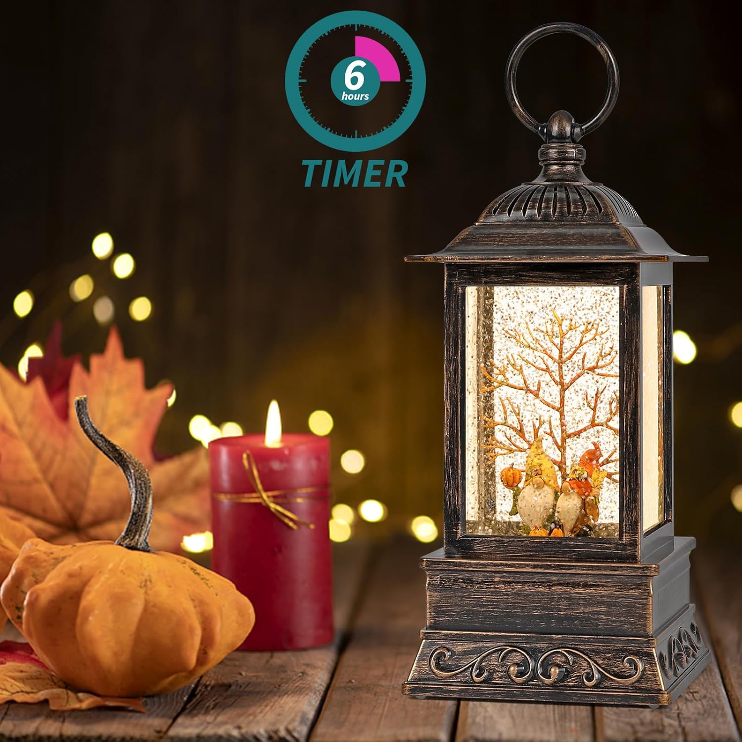 Fall Snow Globe Decorations, Glitter Gnome Lantern with 6H Timer, USB/Battery Powered Lighted Décor for Home, Tabletop, Gift Box - Image 5