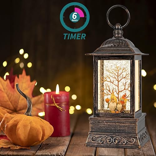 Miniatura 5 de Decoraciones de globos de nieve de otoño, linterna de gnomo con purpurina con temporizador de 6 horas, decoración iluminada alimentada por