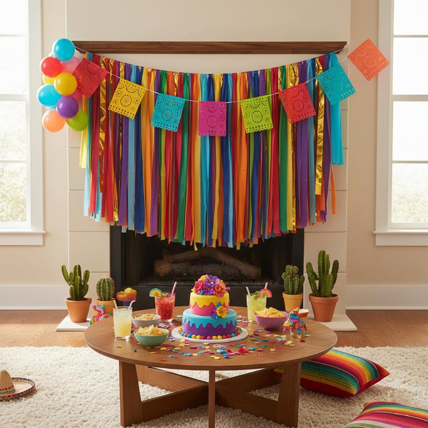 PapaKit 5ft Extra Large Colorful Streamer Fringe Party Backdrop 5ft | Ready to Hang | Vibrant Festive Rain Curtains for Birthday, Fiesta Party Decorations, High-Density Photo Booth Background