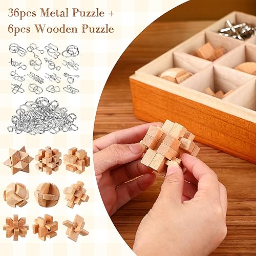 Miniatura 2 de Yilloog Juego de 45 piezas de rompecabezas de madera 3D que incluye rompecabezas de metal y madera para desafiantes rompecabezas para adultos y