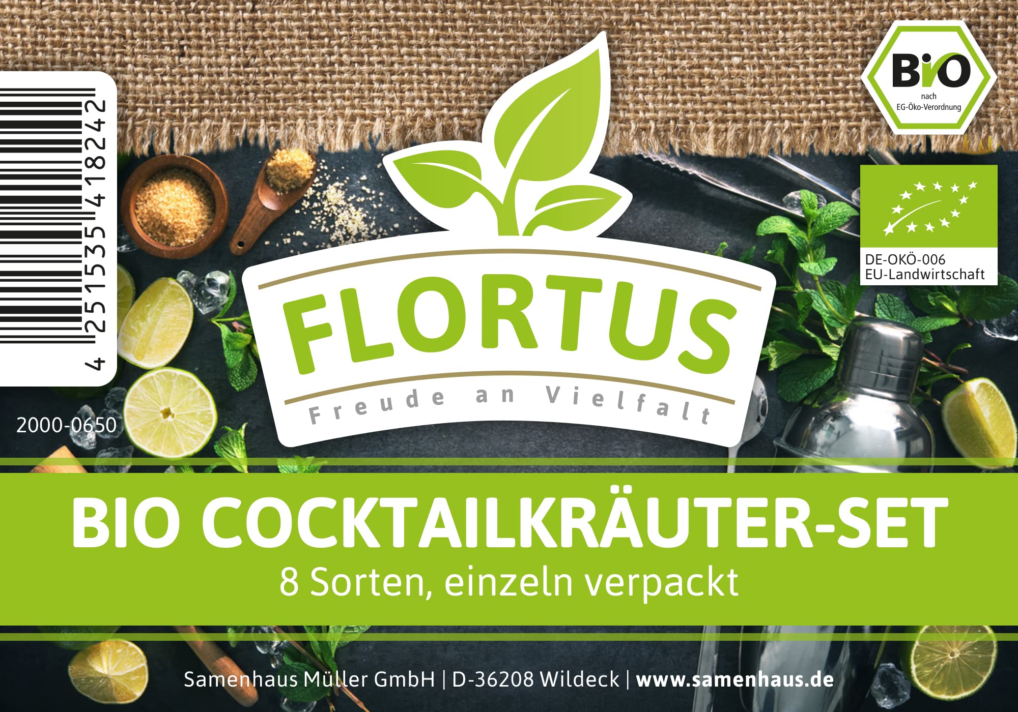 FLORTUS Anzuchtset Zimmergewächshaus mit BIO Cocktailkräuter & Anzuchterde | 8 Sorten Kräuter Lavendel, Rosmarin, Basilikum & mehr | Geschenkset