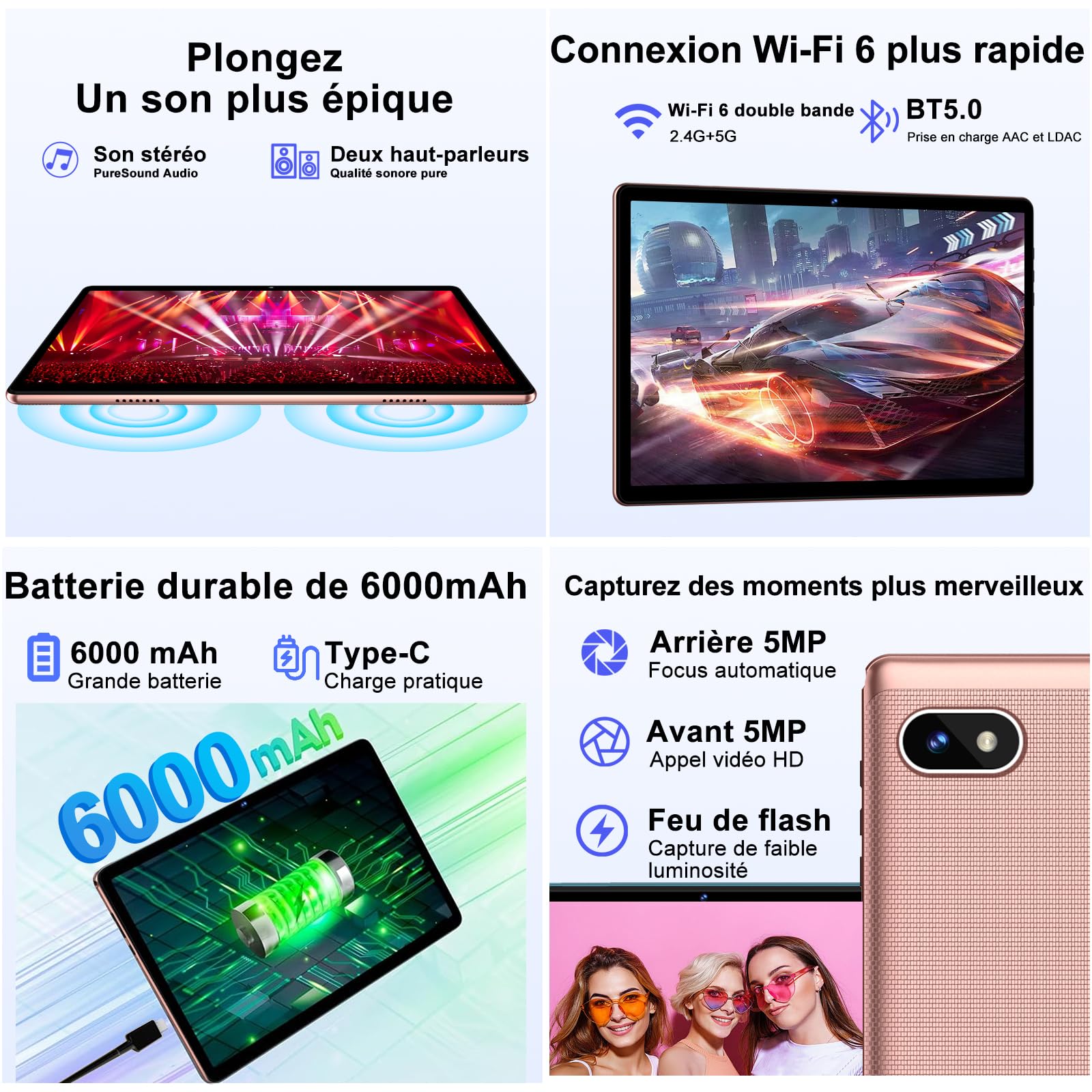 DMOAO Tablet 10 Pollici Android 14 con 18 GB RAM + 128 GB ROM(TF 1TB), FHD Tablet con 5G Wi-Fi 6, Widevine L1, Octa-Core, USB-C, BT 5.0, 6000 mAh, Tastiera + Mouse + Custodia, Oro Rosa