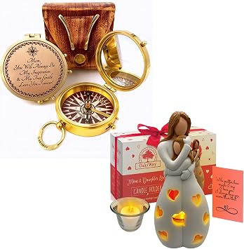 Gifts for Mom Candle Holder Statue with LED Light + Luxury Brass Makeup Mirror & Compass | Meaningful Mothers Day, Birthday Set from Daughter or Son