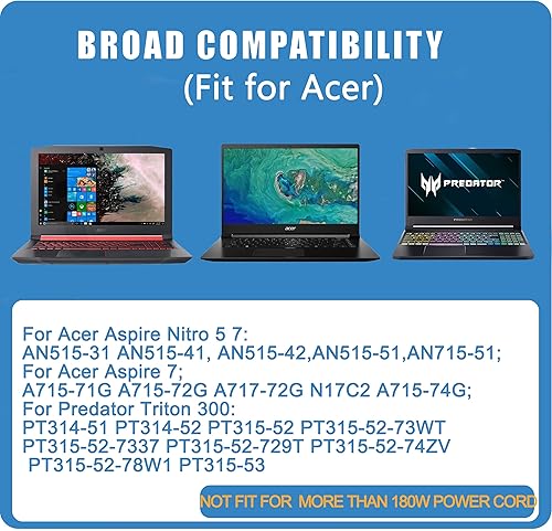 Miniatura 8 de Cargador de portátil de 180 W para portátil Acer Nitro 5 7, compatible con AN515-57 AN515-55 AN515-54 AN515-53 AN515-51 AN515-45 Predator Helios 300