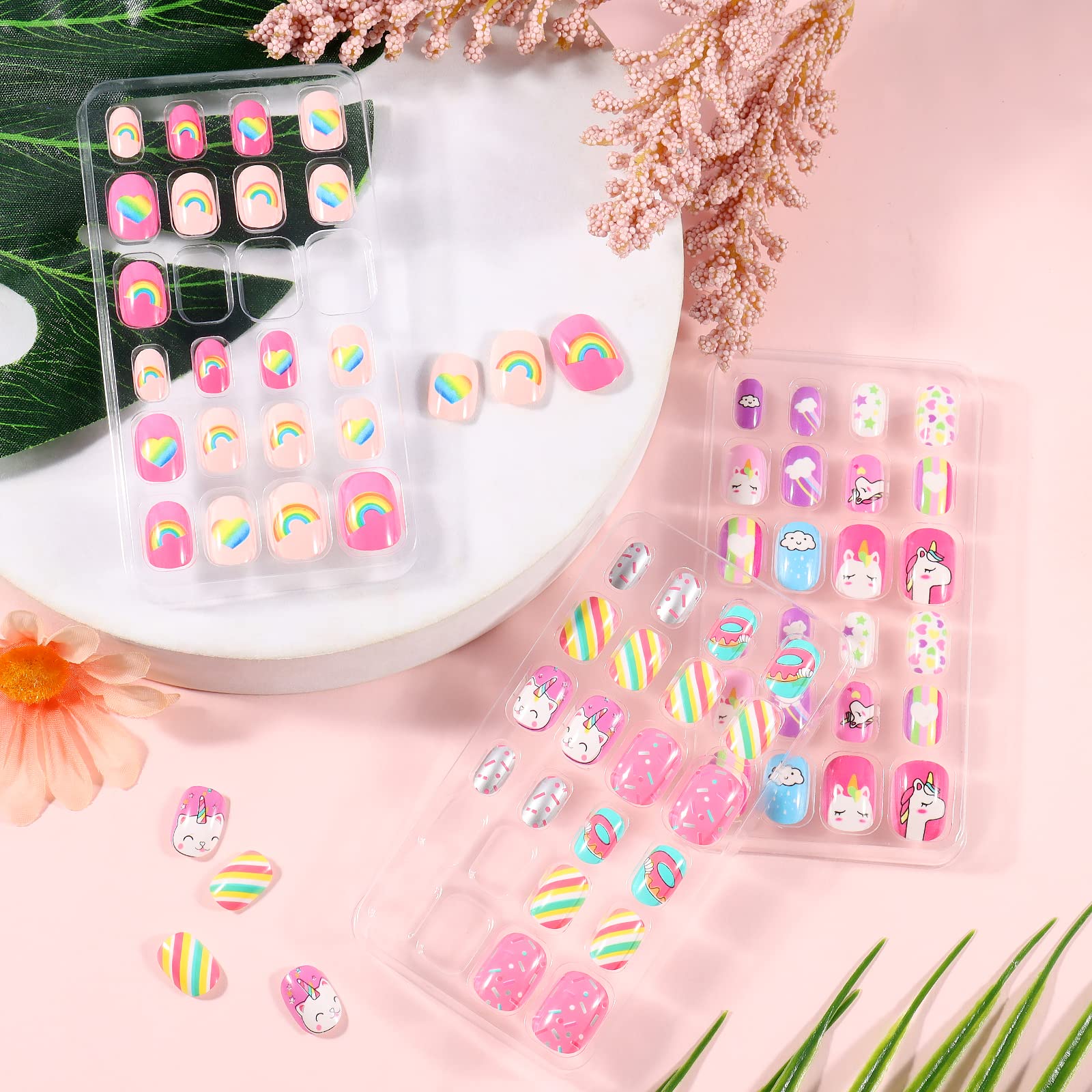 Laza Kit di 72 unghie finte per bambini, a pressione, copertura completa, rosa, giallo, blu, cuore, ciambella, nuvola, unicorno, corte, per bambini, adolescenti, ragazze, rosa arcobaleno