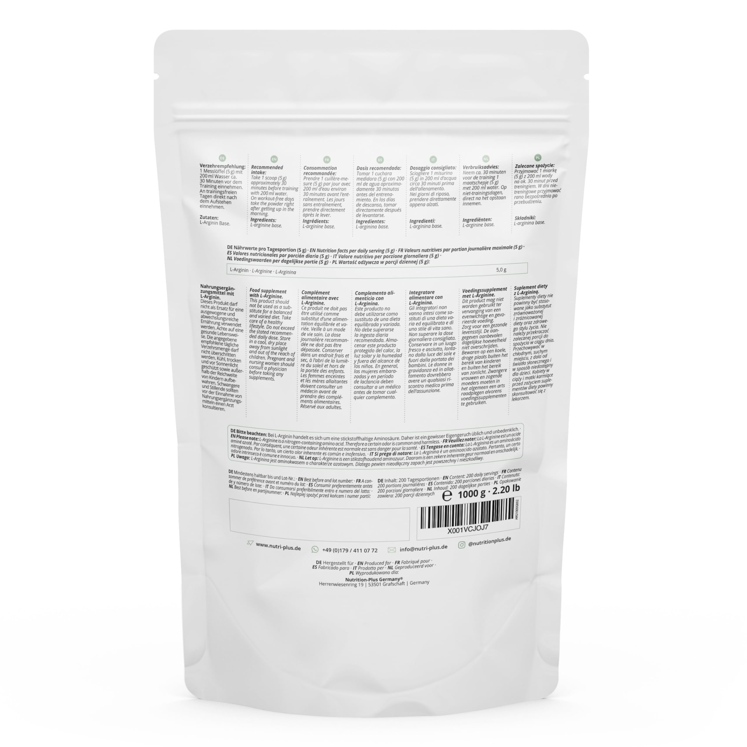 nutri+ L-Arginine Base Poudre 1 kg - hautement dosée - végétale par fermentation - L-Arginine pure Powder 1000 g - Vegan - Neutre - sans additif - qualité premium