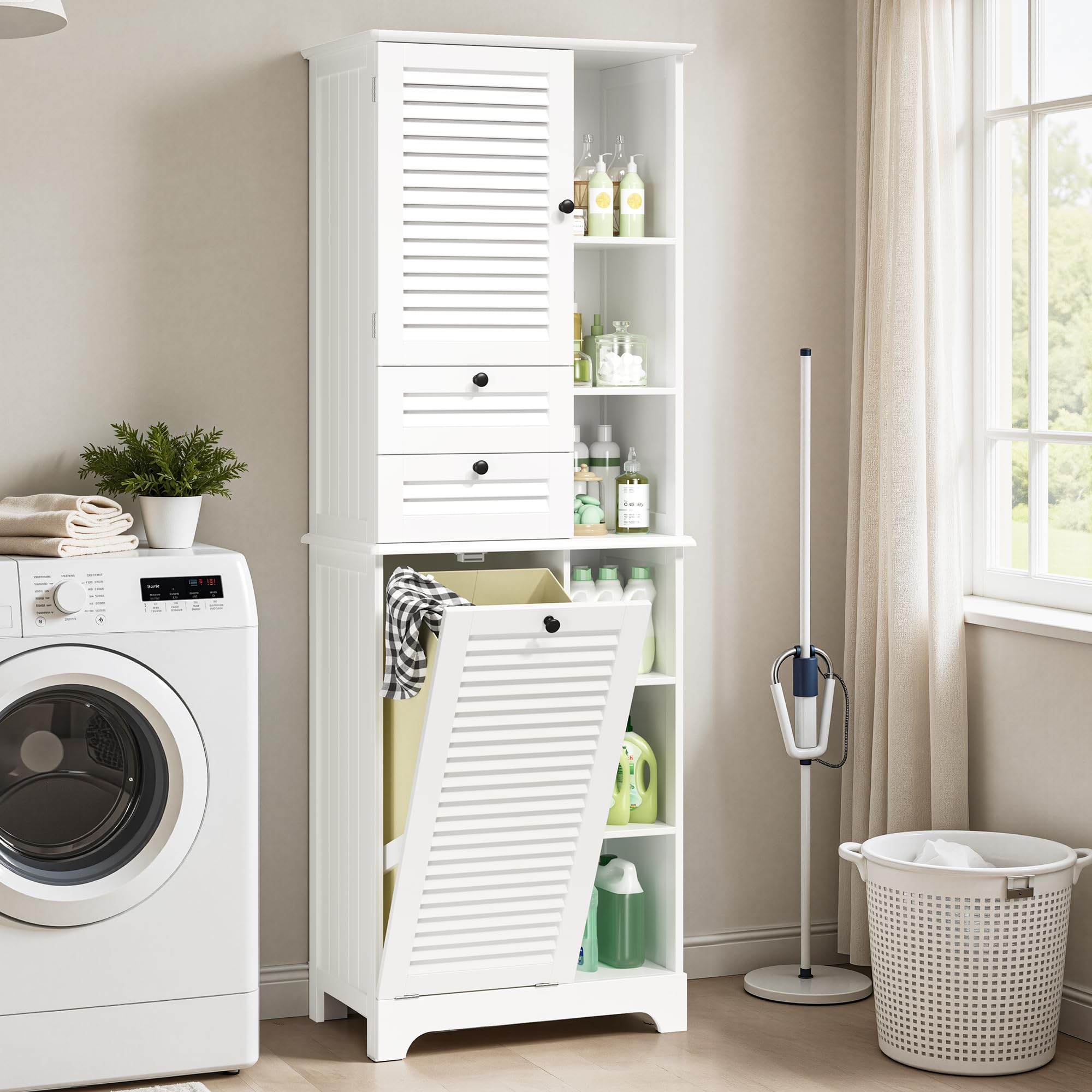 Xbro Mobile Salvaspazio Alto da Bagno con Cesto Portabiancheria, 2 Ante a Lamelle, 2 Cassetti e 8 Ripiani Aperti, Multiuso per Bagno, Cucina e Soggiorno, 60x37x170 cm, Bianco