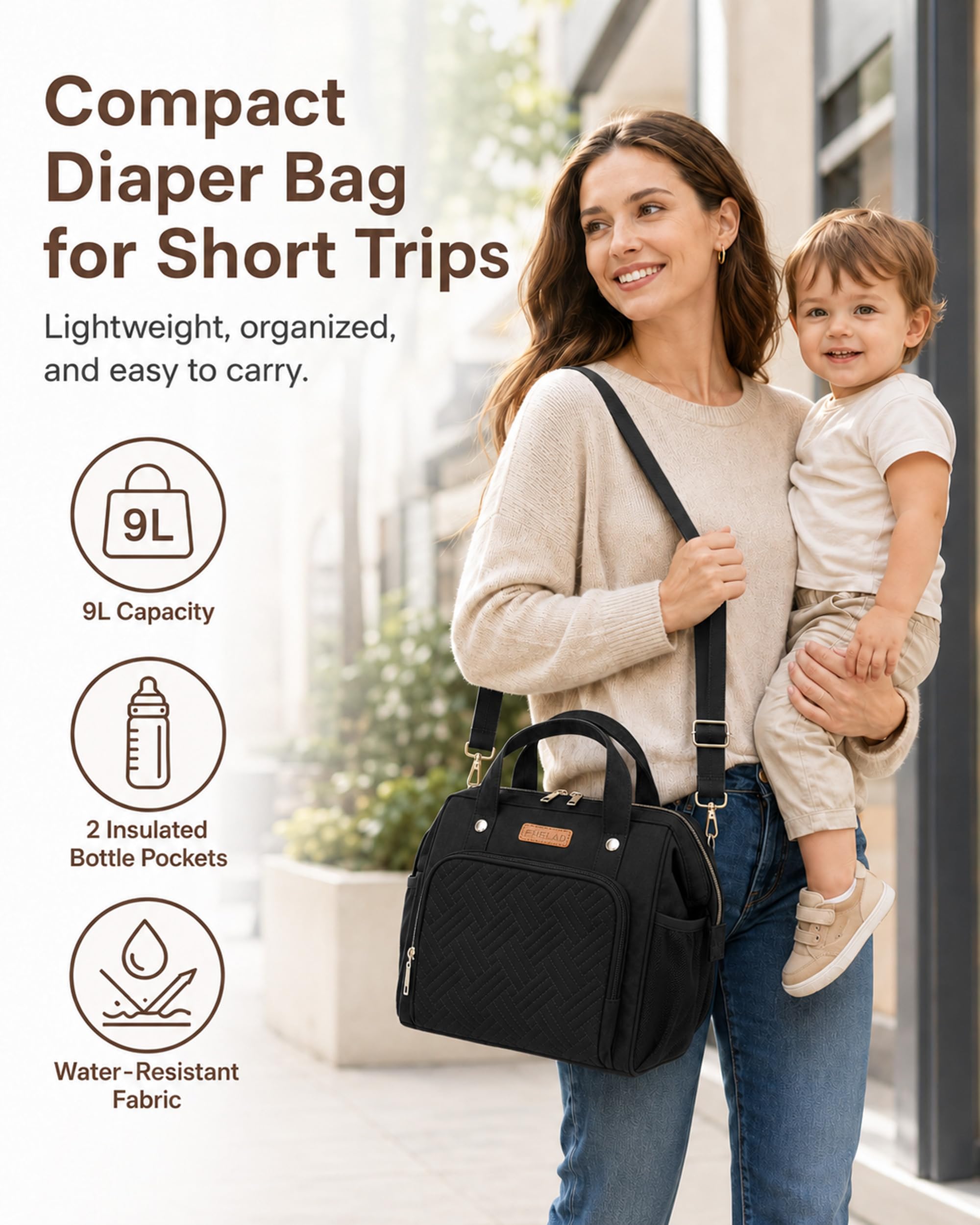 FHELAD Pequeña bolsa de pañales para mujer, mini bolsa de bebé 4 en 1 (negro)
