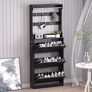 Shoe Cabinet with 3 Flip Drawers & Coat Rack, Narrow Hidden Shoe Storage Cabinet, 2-in-1 Hall Tree Slim Freestanding Shoe Rack Organizer for Entryway, Hallway, and Living Room