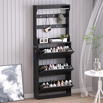 Shoe Cabinet with 3 Flip Drawers & Coat Rack, Narrow Hidden Shoe Storage Cabinet, 2-in-1 Hall Tree Slim Freestanding Shoe Rack Organizer for Entryway, Hallway, and Living Room