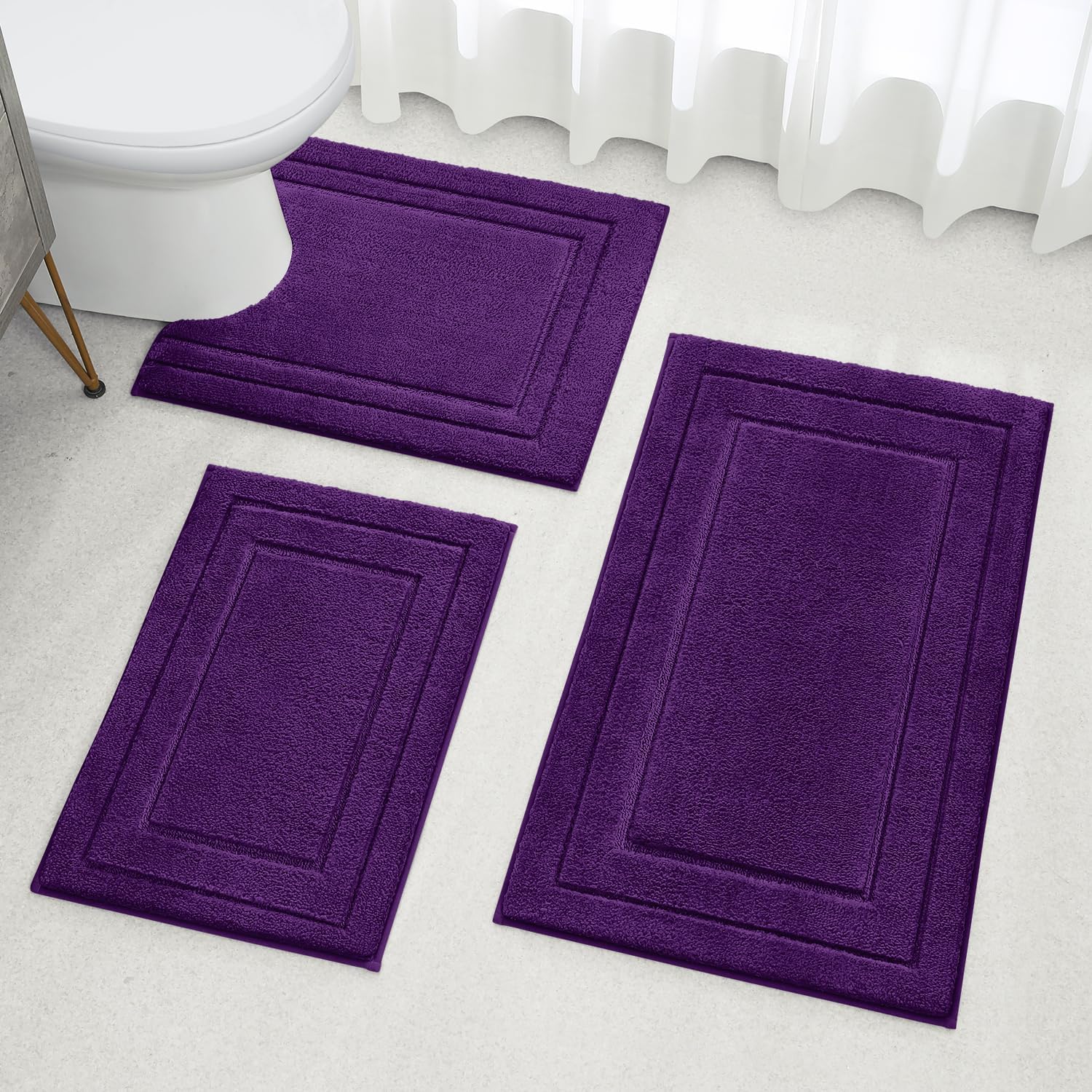 HOMEIDEAS Bathroom Rugs Sets 3 Piece, Super Soft and Absorbent Non Slip Microfiber Toilet Bath Mat with U-Shaped (Purple) - Image 8
