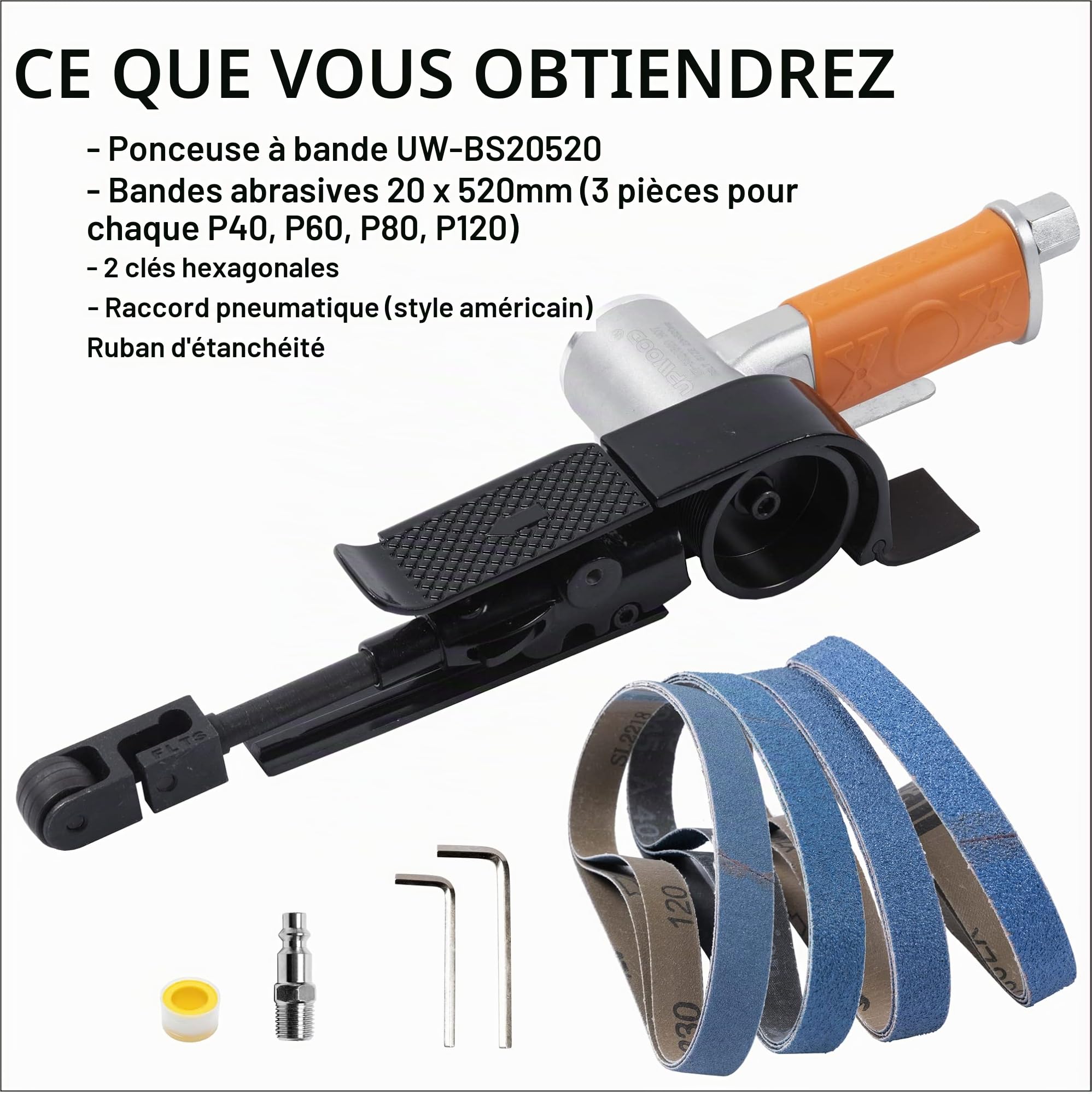 Ponceuse pneumatique à bande 20 x 520mm avec 12 bandes (40, 60, 80, 120), pour l'ébavurage, le ponçage et la finition (ponceuse 3/4 pouce x 20-1/2 pouce)