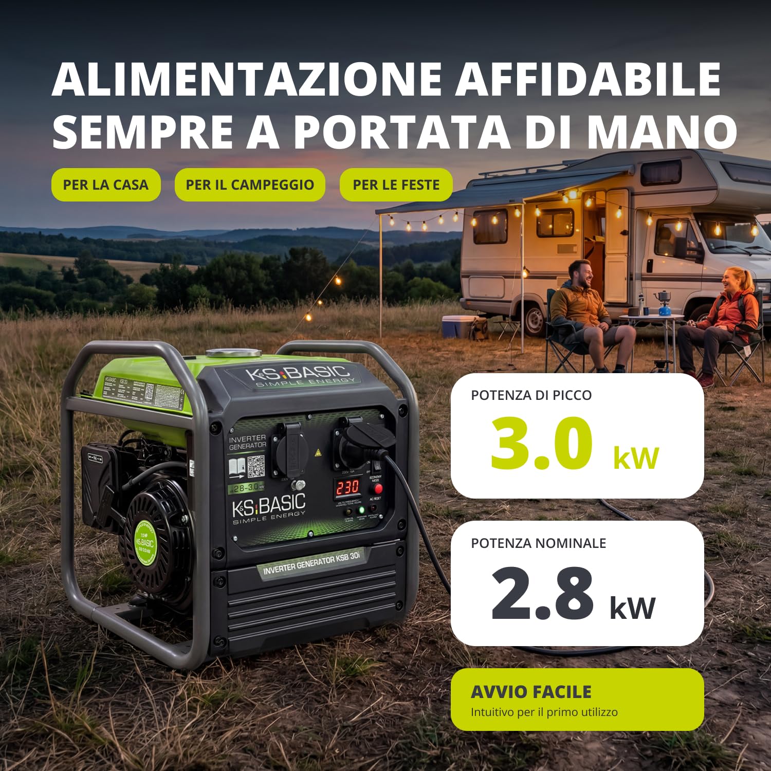 K&S Basic 30i Generatore inverter, 2800 W, potenza nominale 3000 W massima, generatore di emergenza a benzina, onda sinusoidale pura, modalità ecologica, generatore di corrente per casa, campeggio e