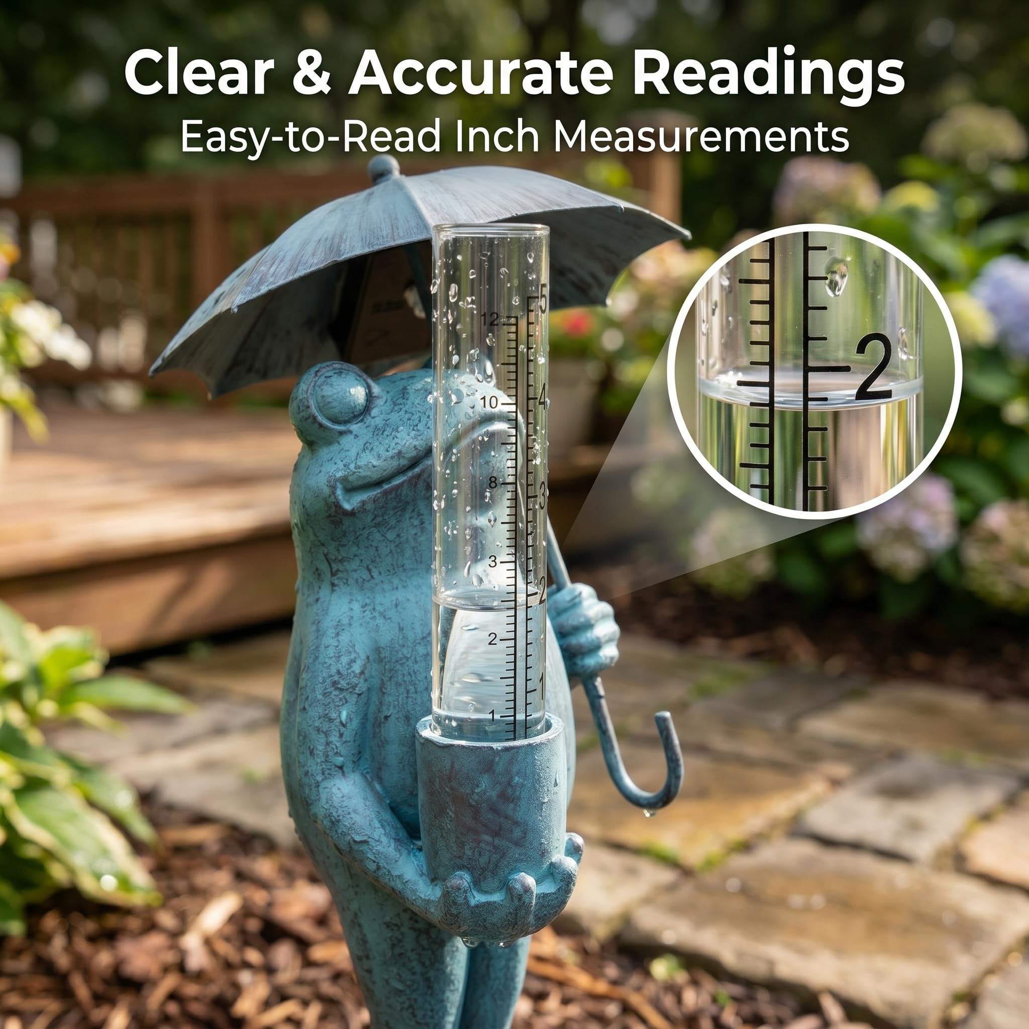 Topadorn Pluviometro a forma di rana in resina, con luci a LED solari per esterni, altezza 54 cm, decorazione da giardino blu, capacità di pioggia di 12,7 cm, facile da leggere