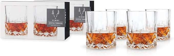 Viski Admiral Crystal Whiskey Tumbler Set of 4 - Premium Crystal Clear Liquor Drinking Glass, Classic Lowball Cocktail Glasses Gift Set, 9 Oz