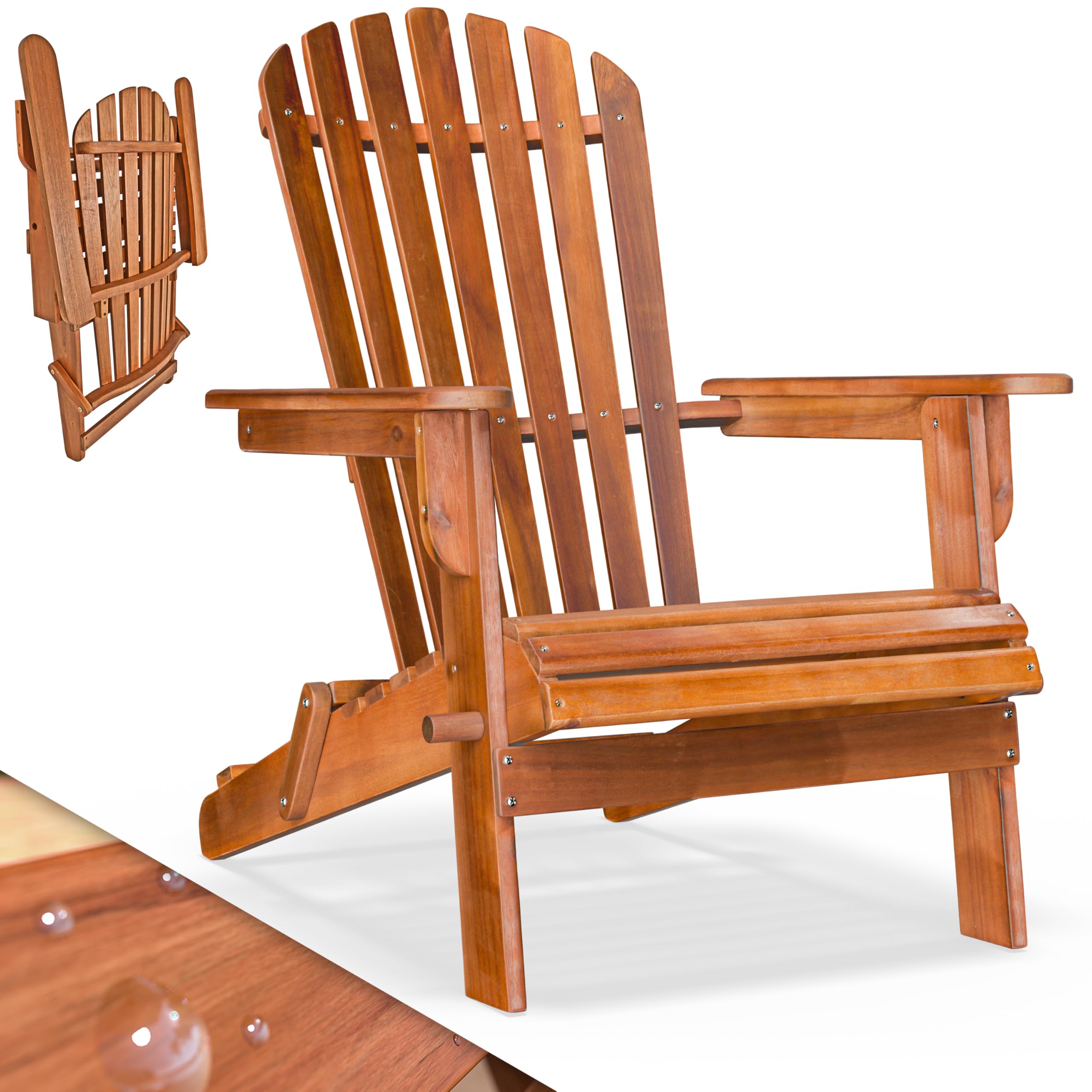 Casaria Adirondack Acacia Bois Max 160kg Résistant aux intempéries Pliable Accoudoirs Chaise Longue Balcon 84x69x94cm Chaise en Bois Ergonomique