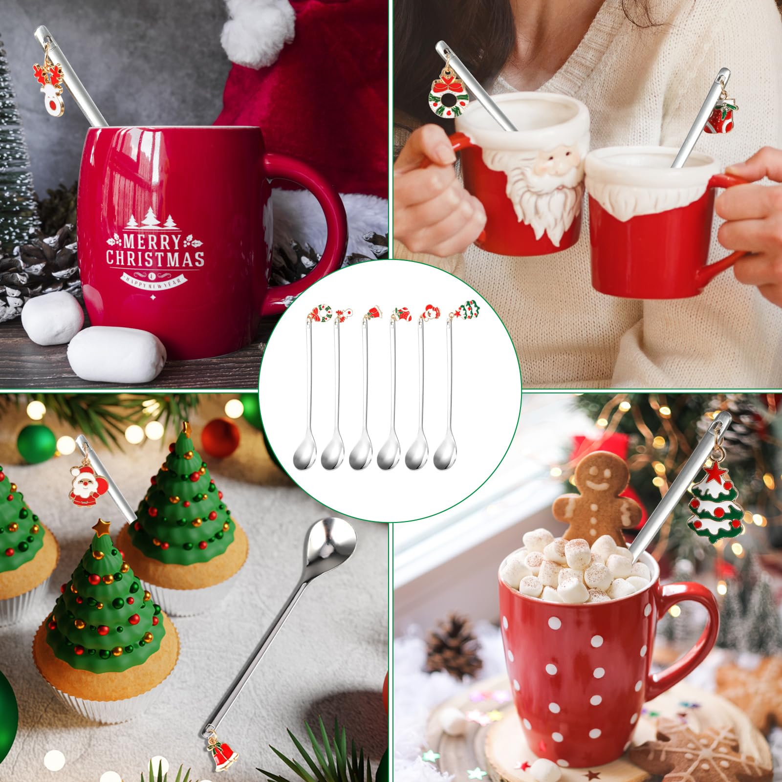 Juego De 6 Cucharas De Café Navideñas En Oro | Acero Inoxidable 304, Motivos Navideños, Ideal Regalo Y Decoración