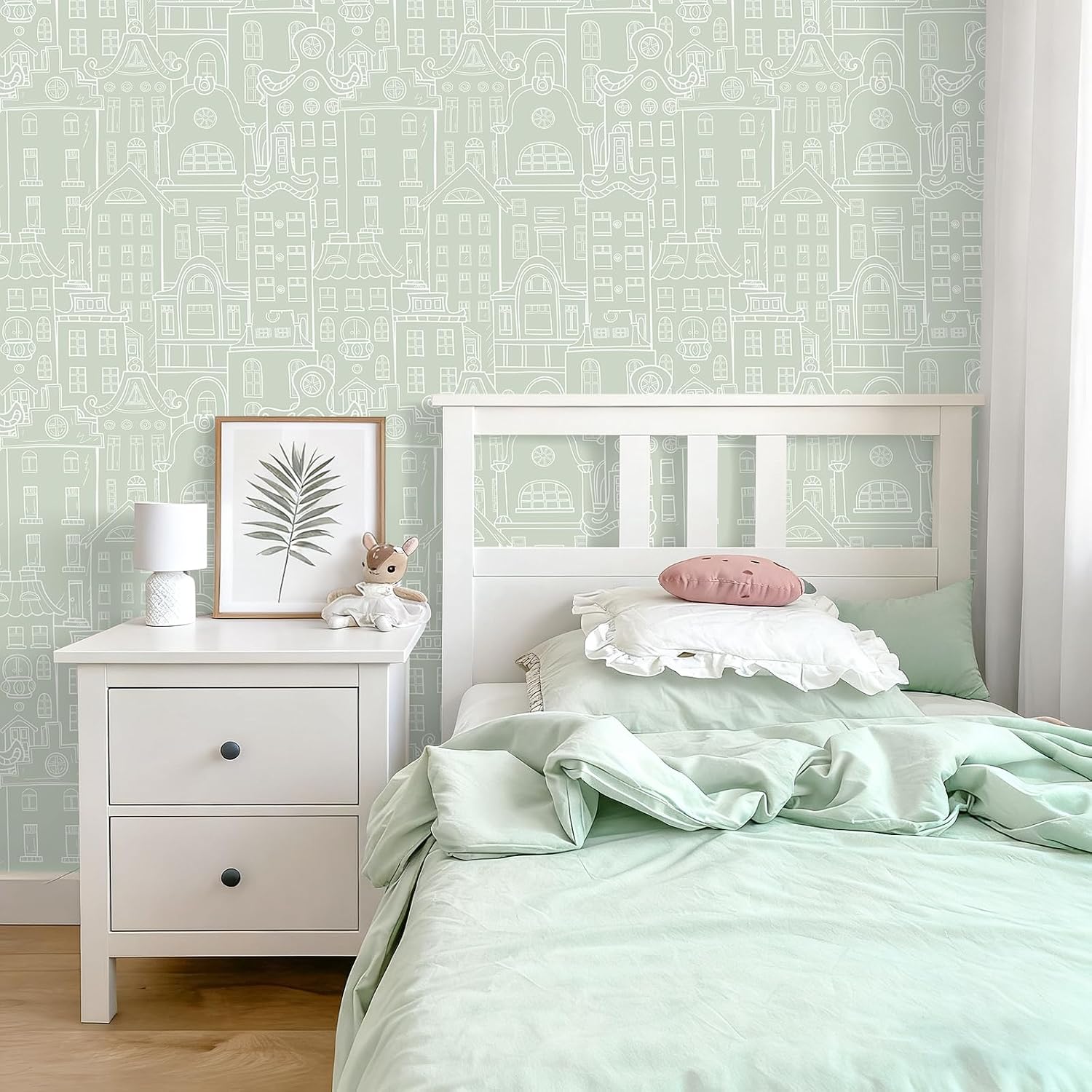VEELIKE Green Whimsical City Houses Wallpaper Peel and Stick Removable Hand-Drawn Townscape Wallpaper for Bedroom Nursery Kids Room 17.7''x118'' Self Adhesive City Wall Mural for Bathroom Living Room
