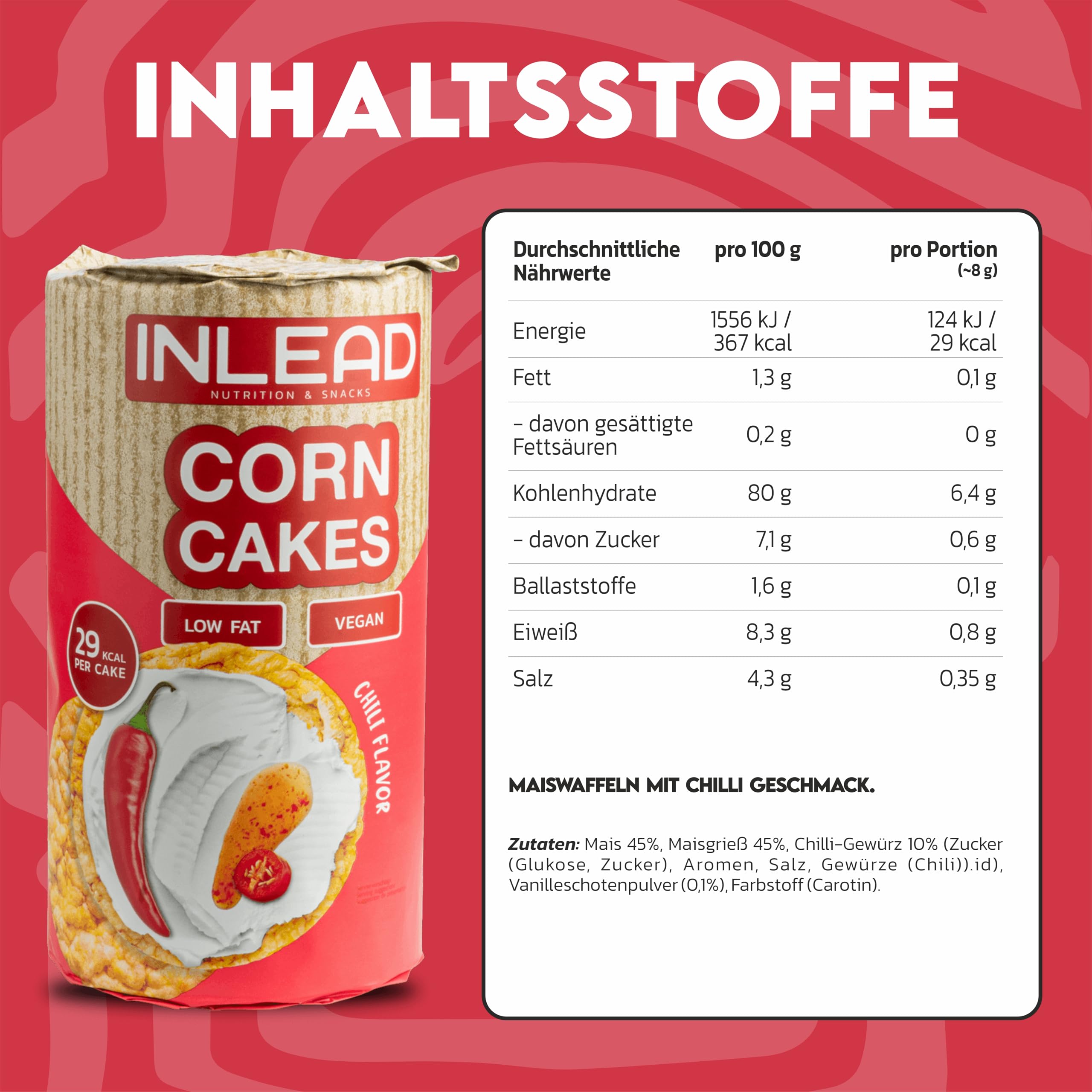 INLEAD - Corn Cakes | Leichte & Knusprige Maiswaffeln für Bewussten Genuss | Kalorienarm, Fettarm & Ideal als gesunde Alternative zu Chips (12x 120g, Chili Flavor)