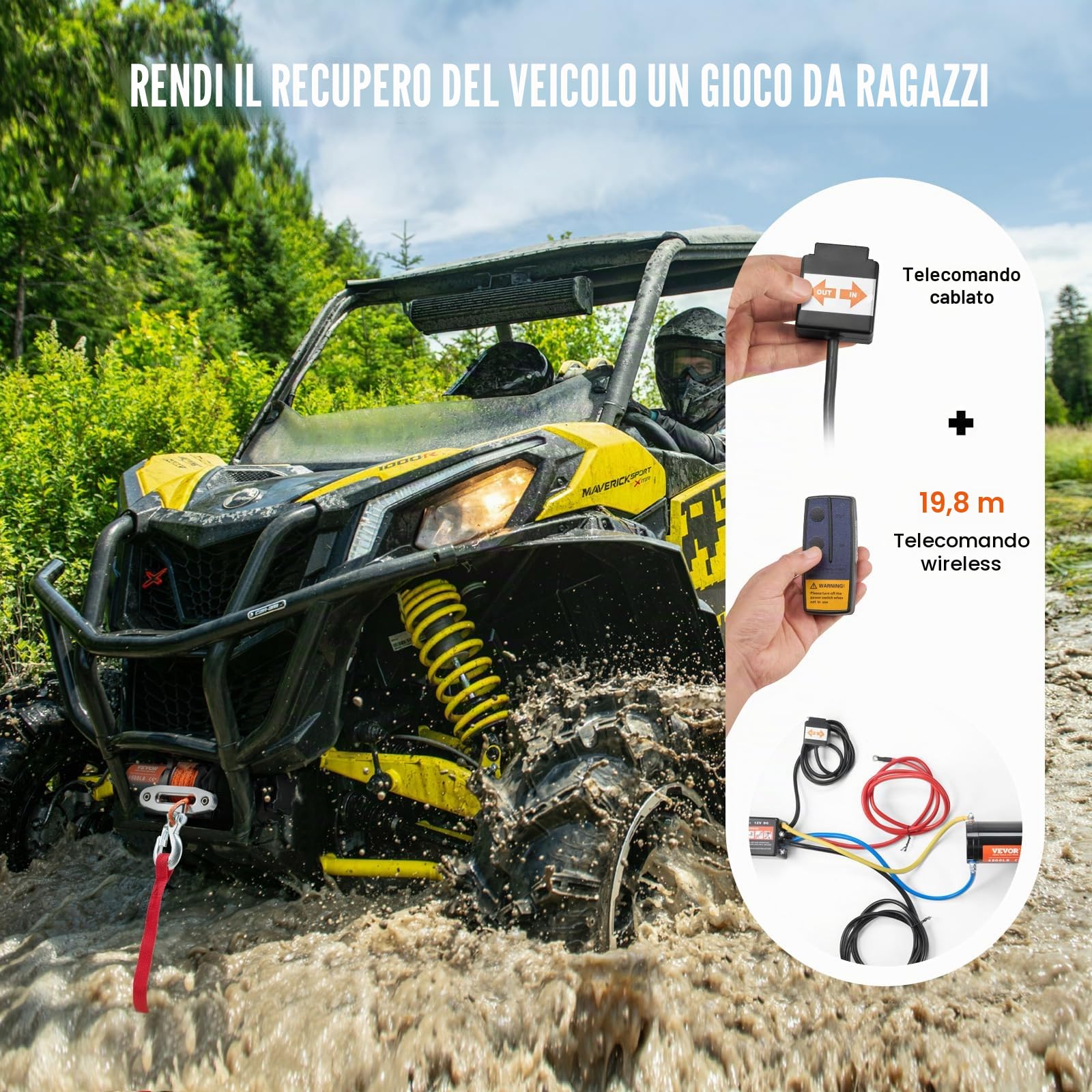VEVOR Verricello Elettrico, Capacità di Tiro della Linea 2041 kg Verricello ATV/UTV 12 V CC Φ0,6 x 1188,7 cm 12 Trefoli in Corda Sintetica in Alluminio, Telecomando Senza Fili e Cablato, per UTV ATV