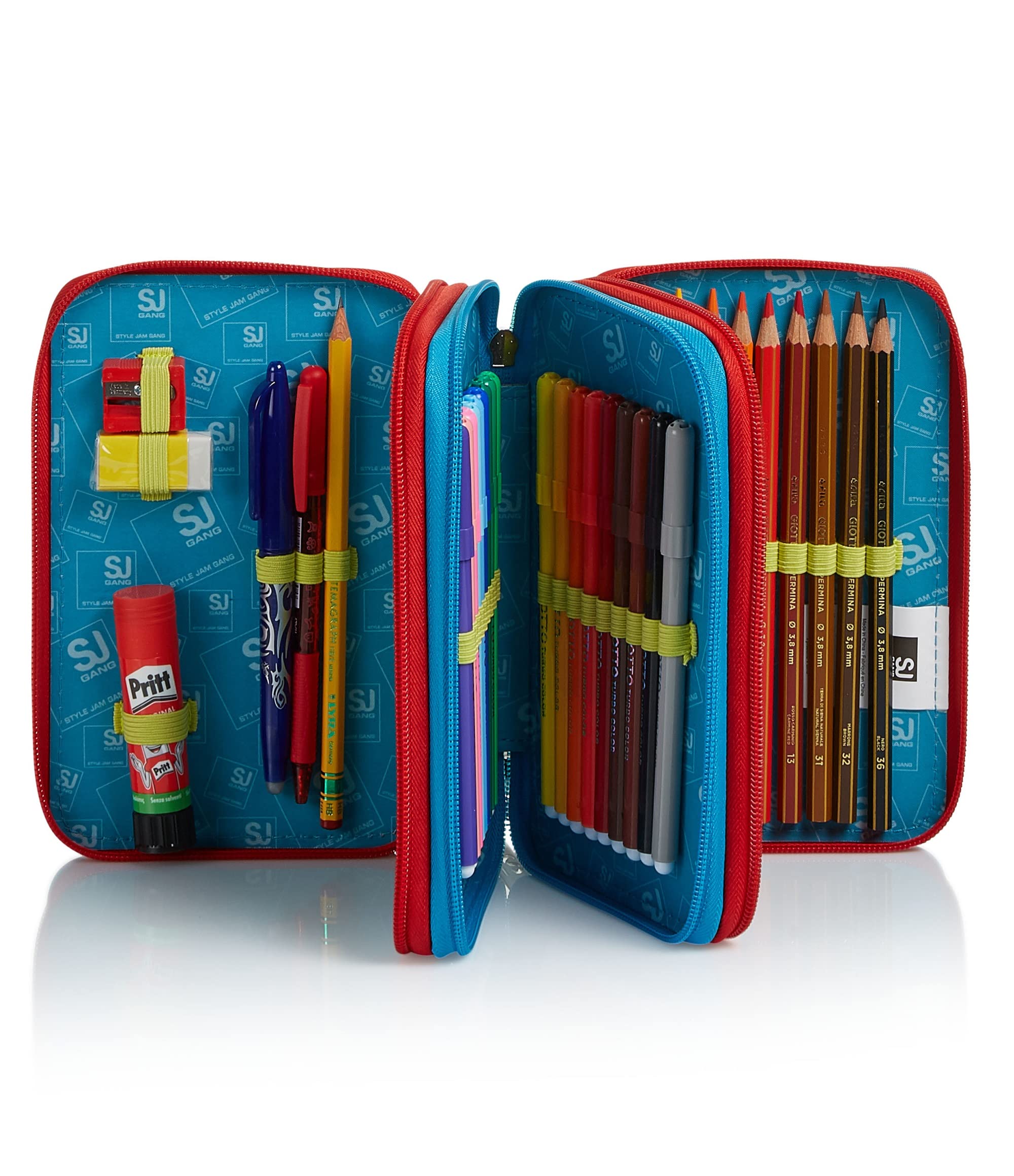 Sj Gang Astuccio 3 Zip - Facce New da Sj Boy - con Penne, Matite, Colori - Scuole Materne & Elementari