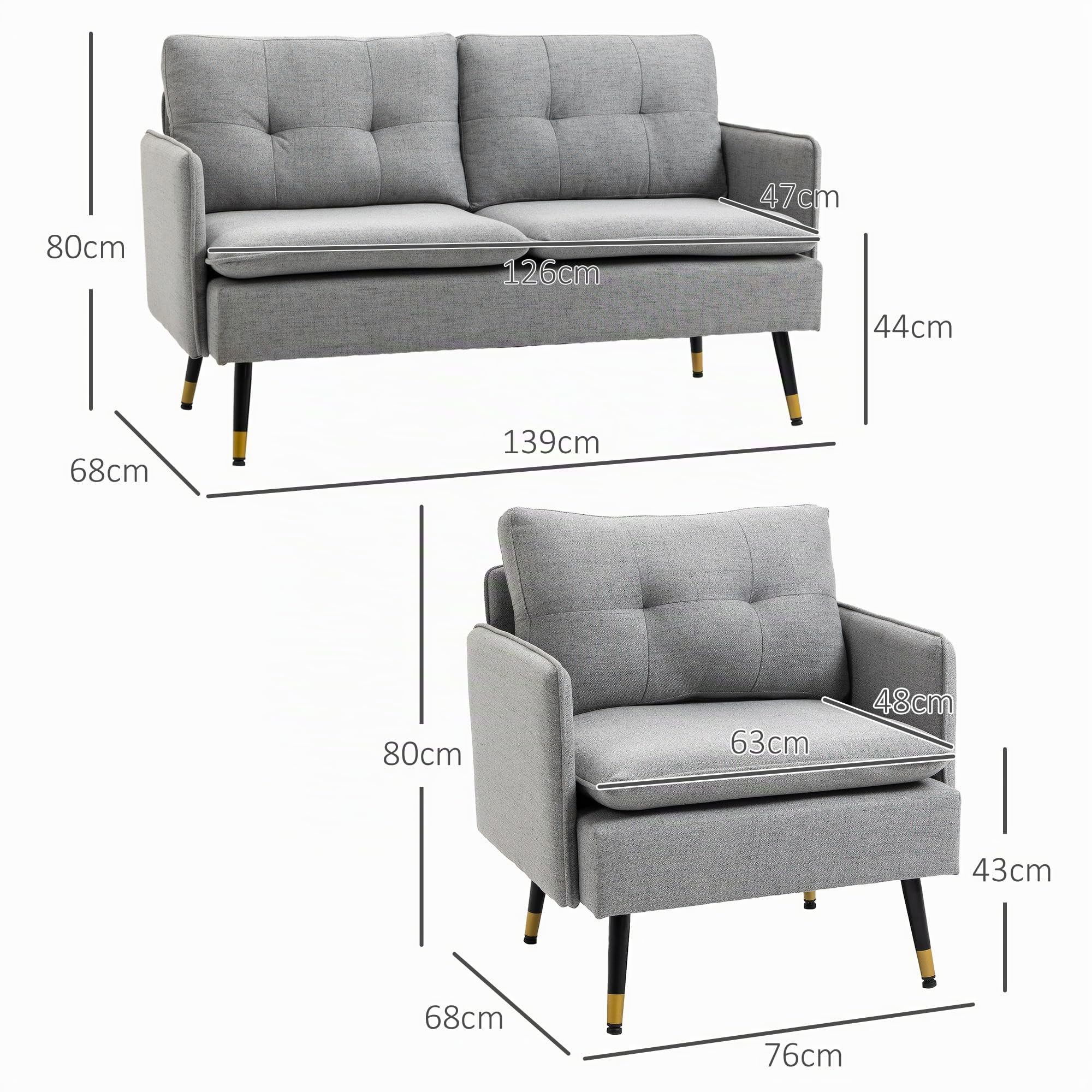 HOMCOM Conjunto de Sofá Incluye Sofá de 2 Plazas y Butaca de Salón Gris | 1 Butaca de Salón, Reposabrazos, Asiento Acolchado, Patas de Acero, Dormitorio, Oficina