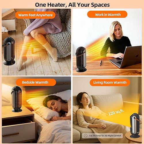 Miniatura 7 de Calentador de espacio de 1500 W con control remoto, temporizador de 7 horas y 3 modos, protección contra sobrecalentamiento y vuelco, calentador