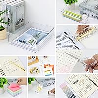 Vista 2 de Buqoo Porta notas adhesivas acrílicas doradas con 5 paquetes de notas adhesivas, grapadora y dispensador de cinta con removedor de grapas, tijera