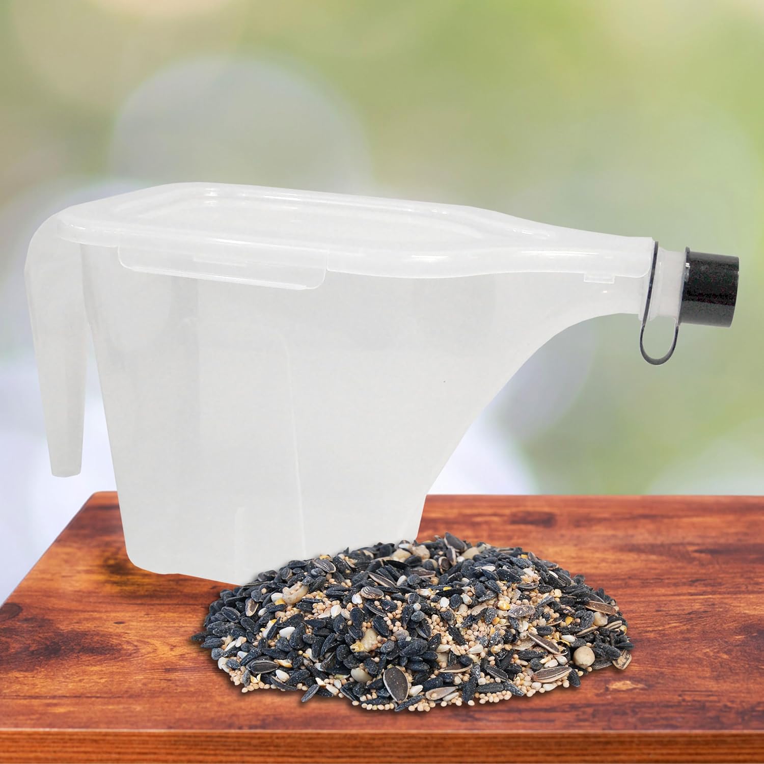 More Birds SureFill 3-in-1 Super Tote with Divine Blend Seed | 5 lb Bird Seed Container & Seed Combo | Easy-Fill Storage Tote with Spout & Handle | Includes 5 lbs Premium Bird Seed Mix