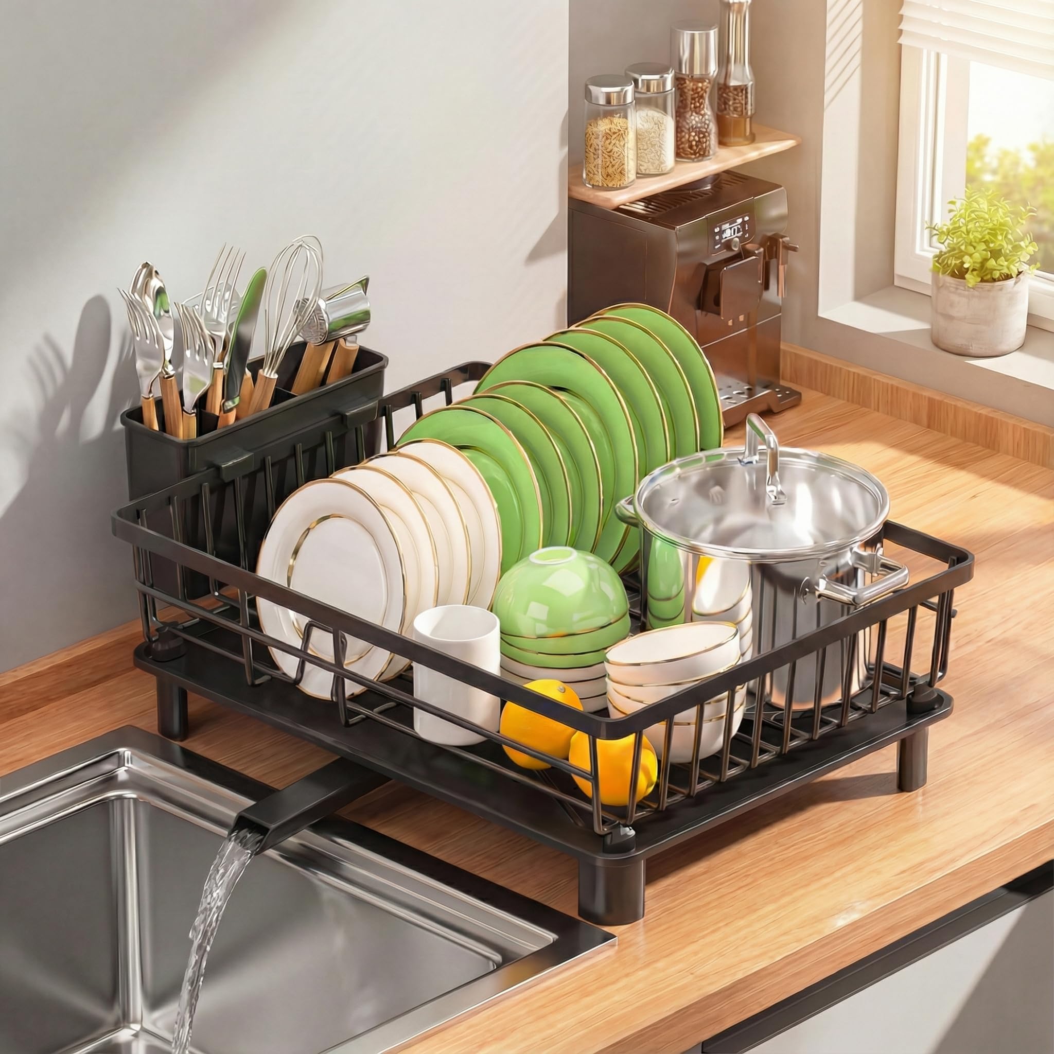 Dish Drying Rack for Kitchen Counter,Stainless Steel Drainers Rack with Detachable Cutlery Holder,Automatic Drainage System,Anti-Rust Dish Strainer Ideal for Families and Home