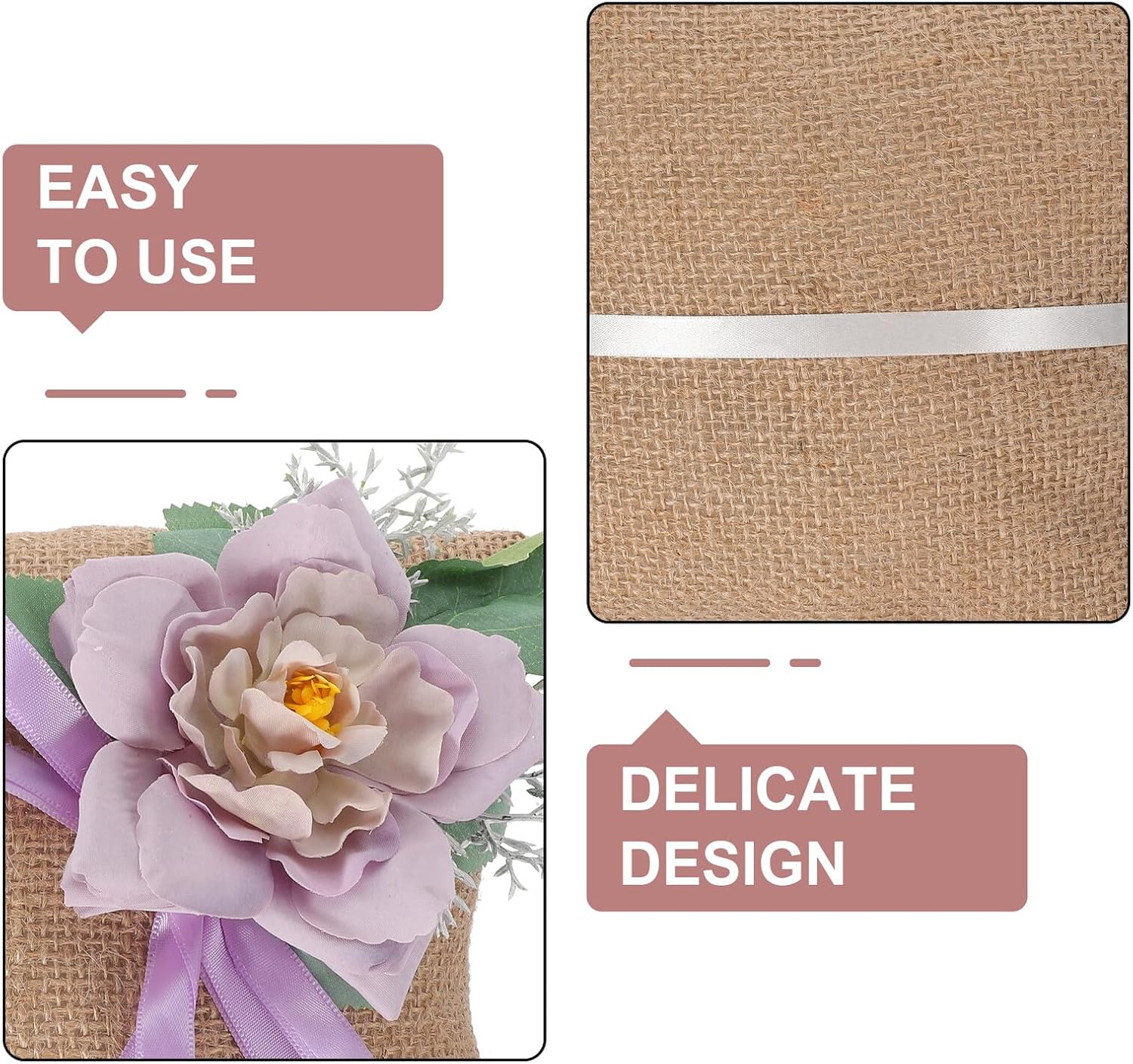 OSALADI Vintage Burlap Artificial Flower Ring Bearer Pillow Lavender Purple Ring Cushion for Wedding Ceremony and Bridal Shower Cushion