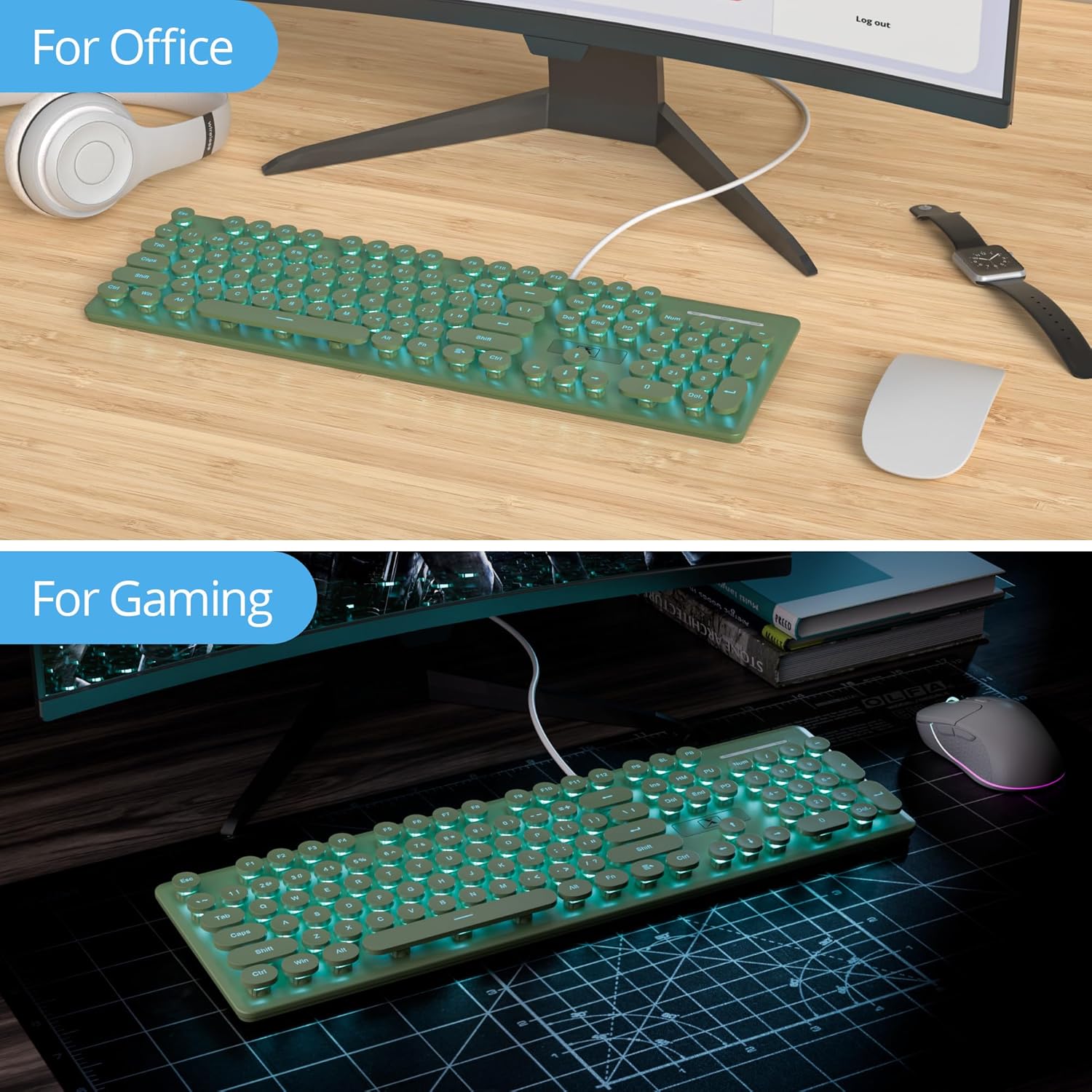 Quiet Keyboard Wired Membrane Keyboard Green, Full Size 104 Keys Typewriter Key Board with Number Pad, Blue LED Backlit, Round Keycaps, Cute Computer Keyboards (Dark Green)