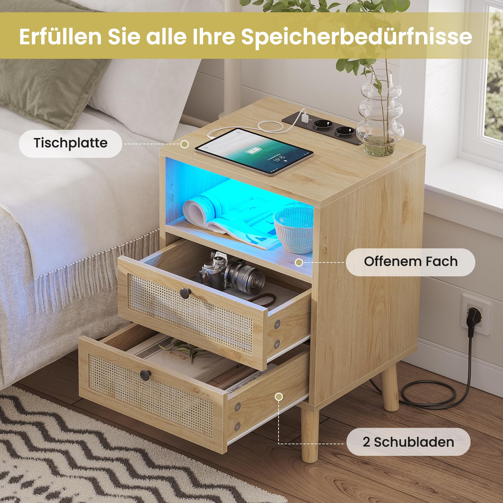Lot de 2 Table de Chevet en Rotin avec Avec Lumières LED et Multiprise (2 Prises CA, 2 Ports USB) Tables d'appoint avec 2 Tiroirs et Compartiment,Bohème avec Pieds en Bois Massif,Tables de Nuit