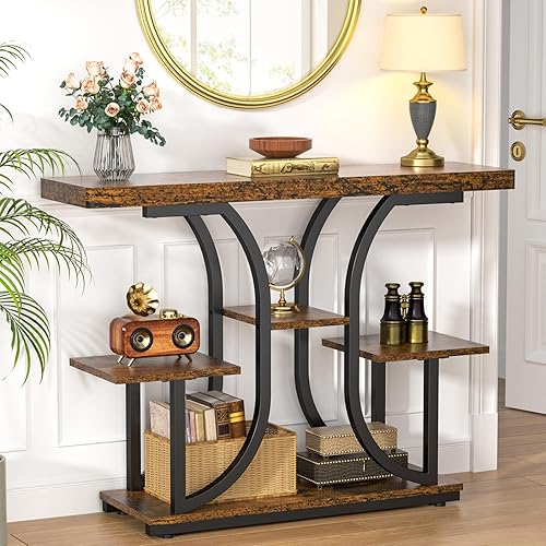 ikkle Mesa de consola de 42.5 pulgadas, mesa industrial de 4 niveles para sofá con base curva, mesas decorativas de madera estrechas con estantes de