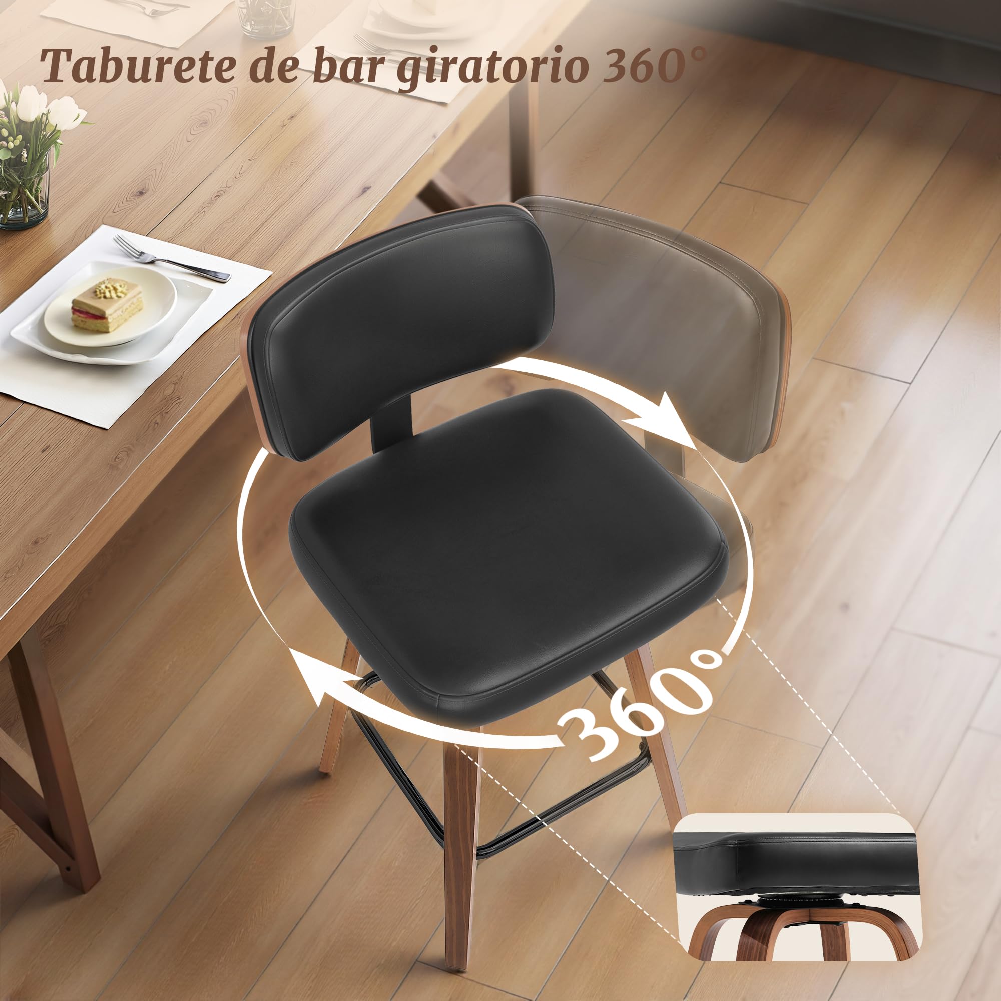 LUE BONA Juego de 2 Taburetes Altos de Cocina Madera,360°Giratorio 66cm Taburete de Bar con Reposapiés y Respaldo,Estructura de Madera Taburetes Cocina,para Cocina,Salón,Comedor,Bar,Negro