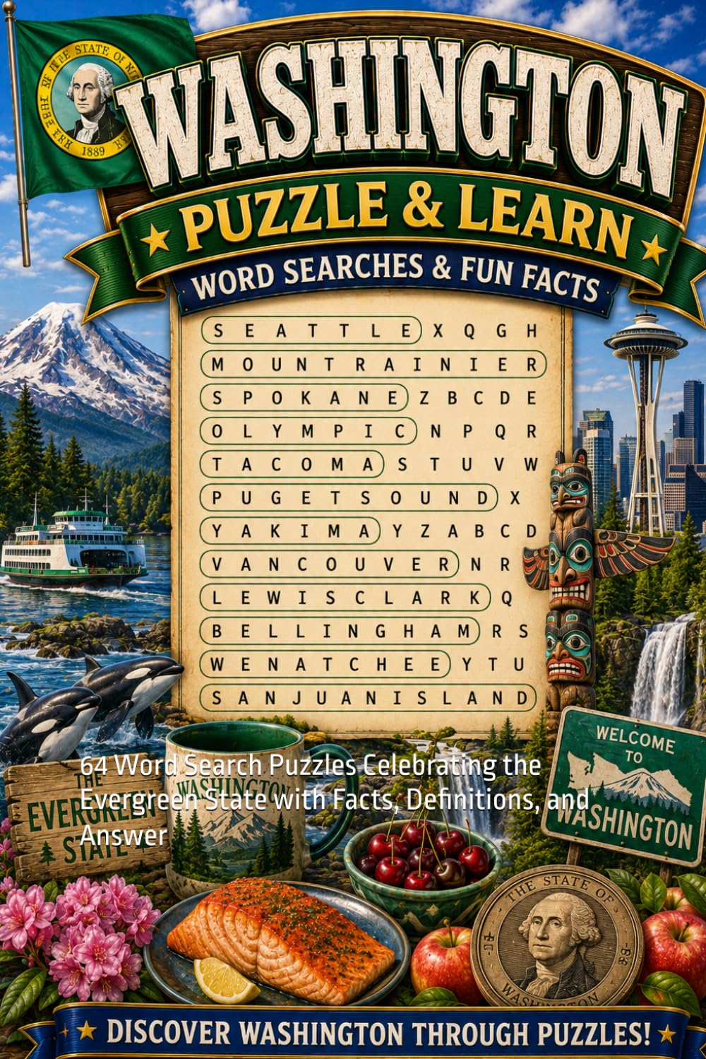 Washington Word Search Puzzle and Learn: 64 Word Search Puzzles Celebrating the Evergreen State with Facts, Definitions, and Answer (Ultimate States Word Search and Learn Collection)