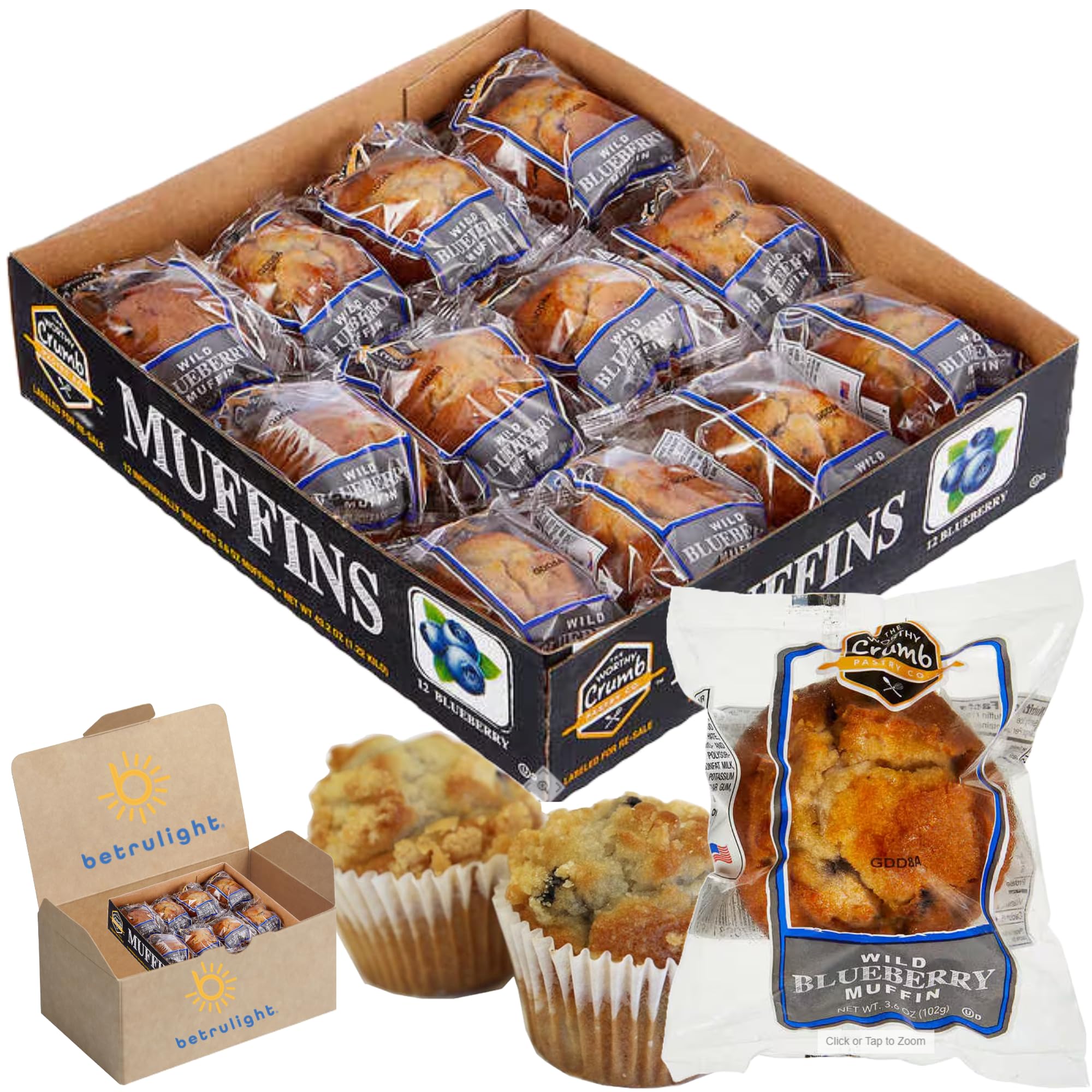Mimi Muffins Bundled with Individually wrapped Crumb Muffins, Blueberry or Banana Nut | 12 Pack | Every Order is Elegantly Packaged in a Signature BETRULIGHT Branded Box | (3.6 OZ, Blueberry Muffins)