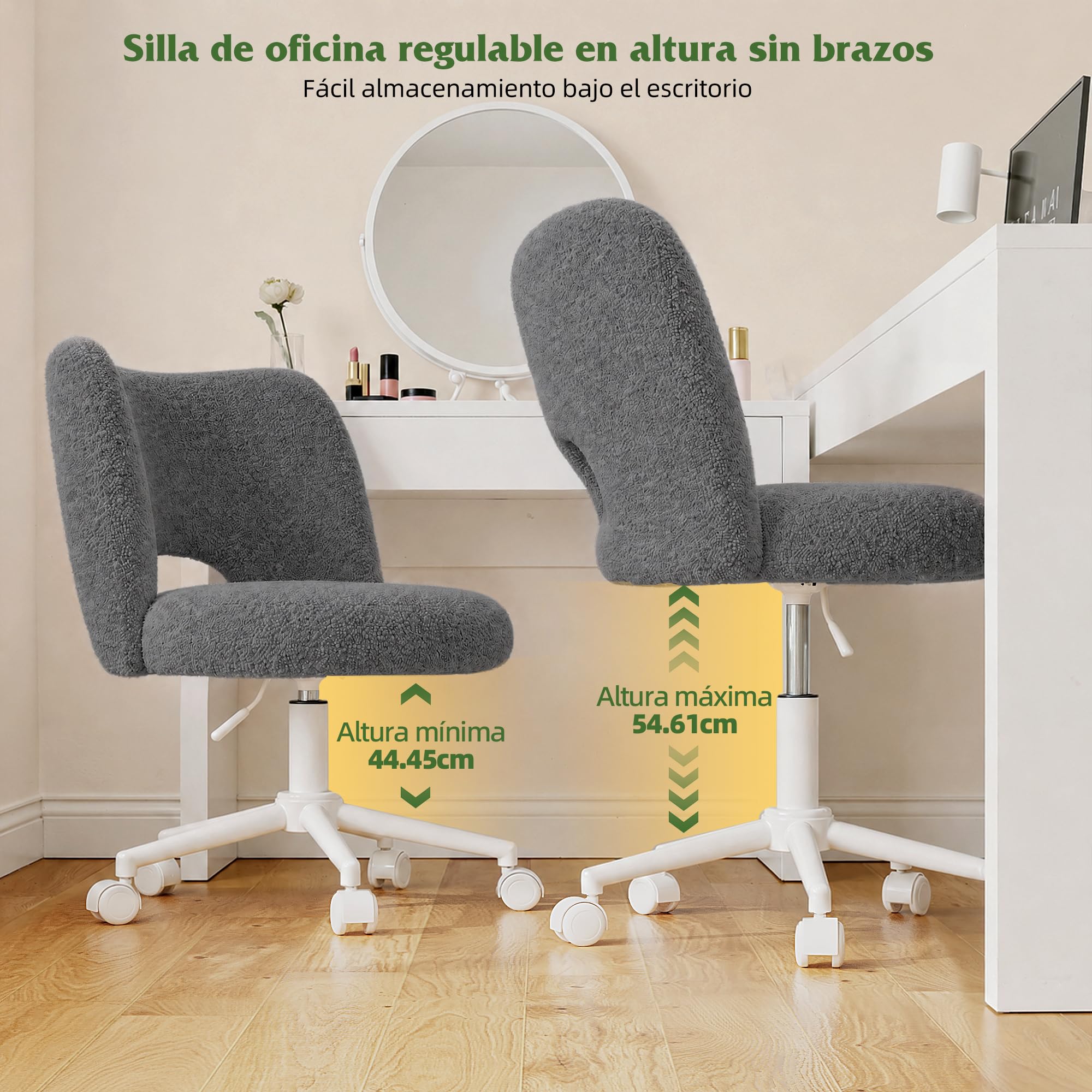 Silla de Escritorio con Ruedas, Silla de tocador de Peluche Transpirable, Altura Regulable, soporta hasta 200kg, Adecuada para Oficina, habitación y Estudio, Familiar, Gris